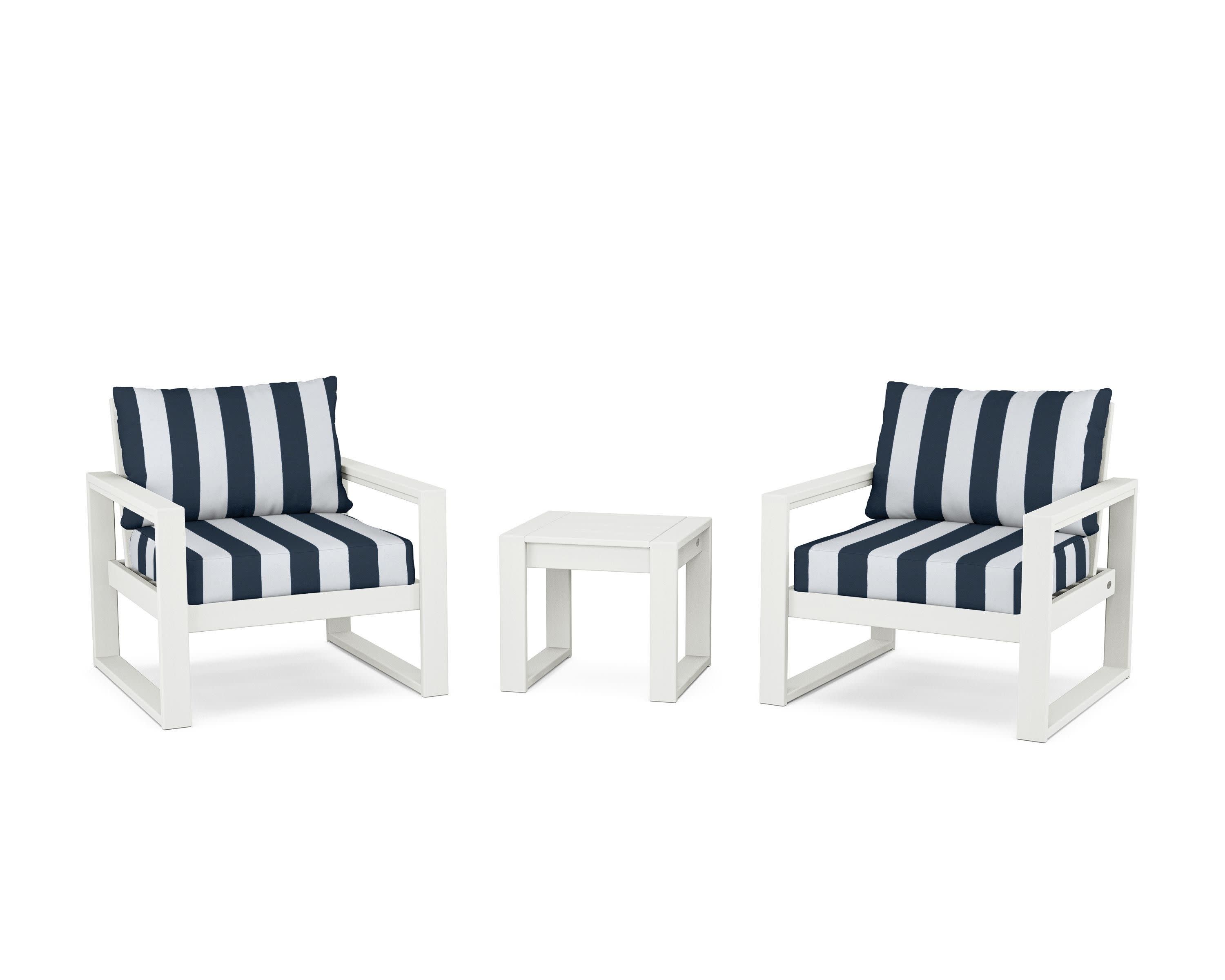 EDGE Sectional 3-Piece Deep Seating Set in Vintage White / Cabana Stripe Marine Indigo