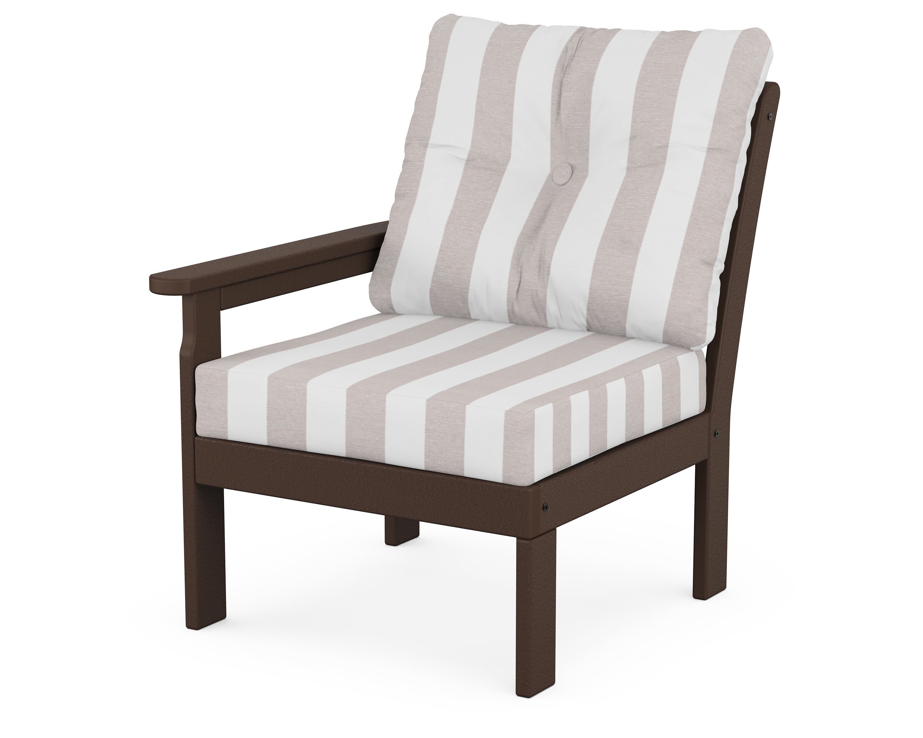 Vineyard Modular Left Arm Chair in Mahogany / Cabana Stripe Dune Burlap