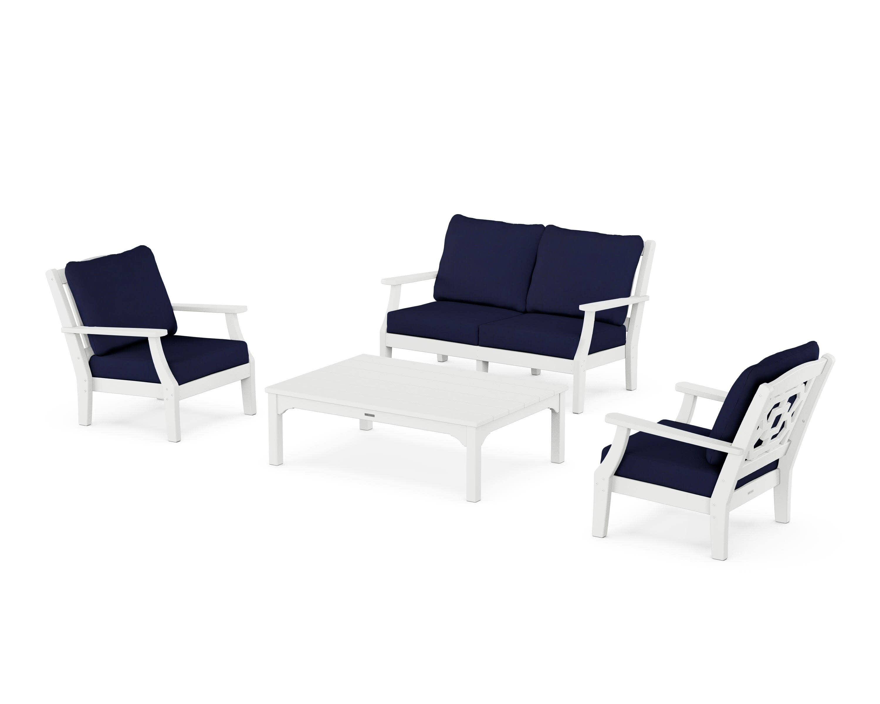 Chinoiserie 4-Piece Deep Seating Set with Loveseat in White / Navy