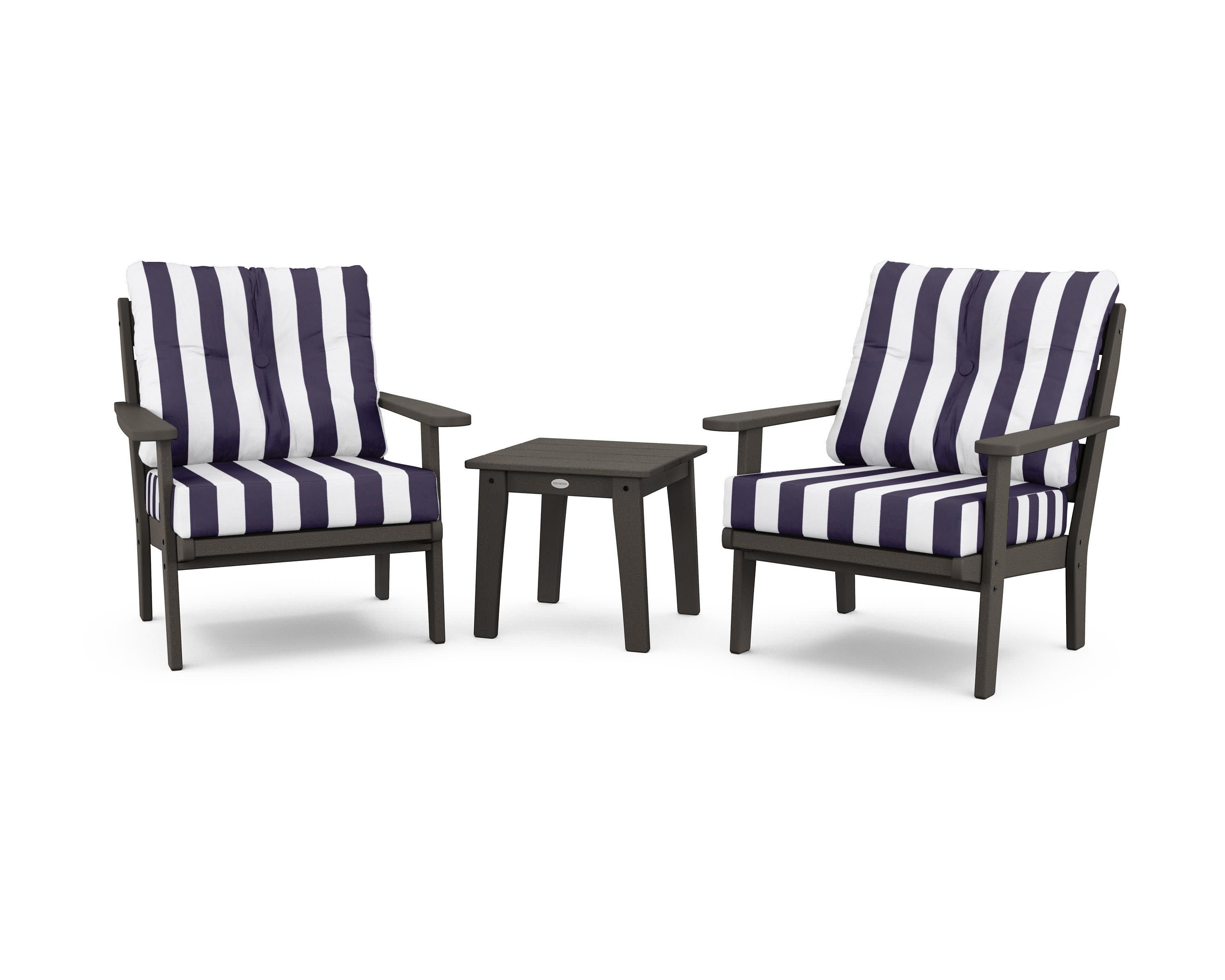 Lakeside 3-Piece Deep Seating Chair Set in Vintage Coffee / Cabana Stripe Navy