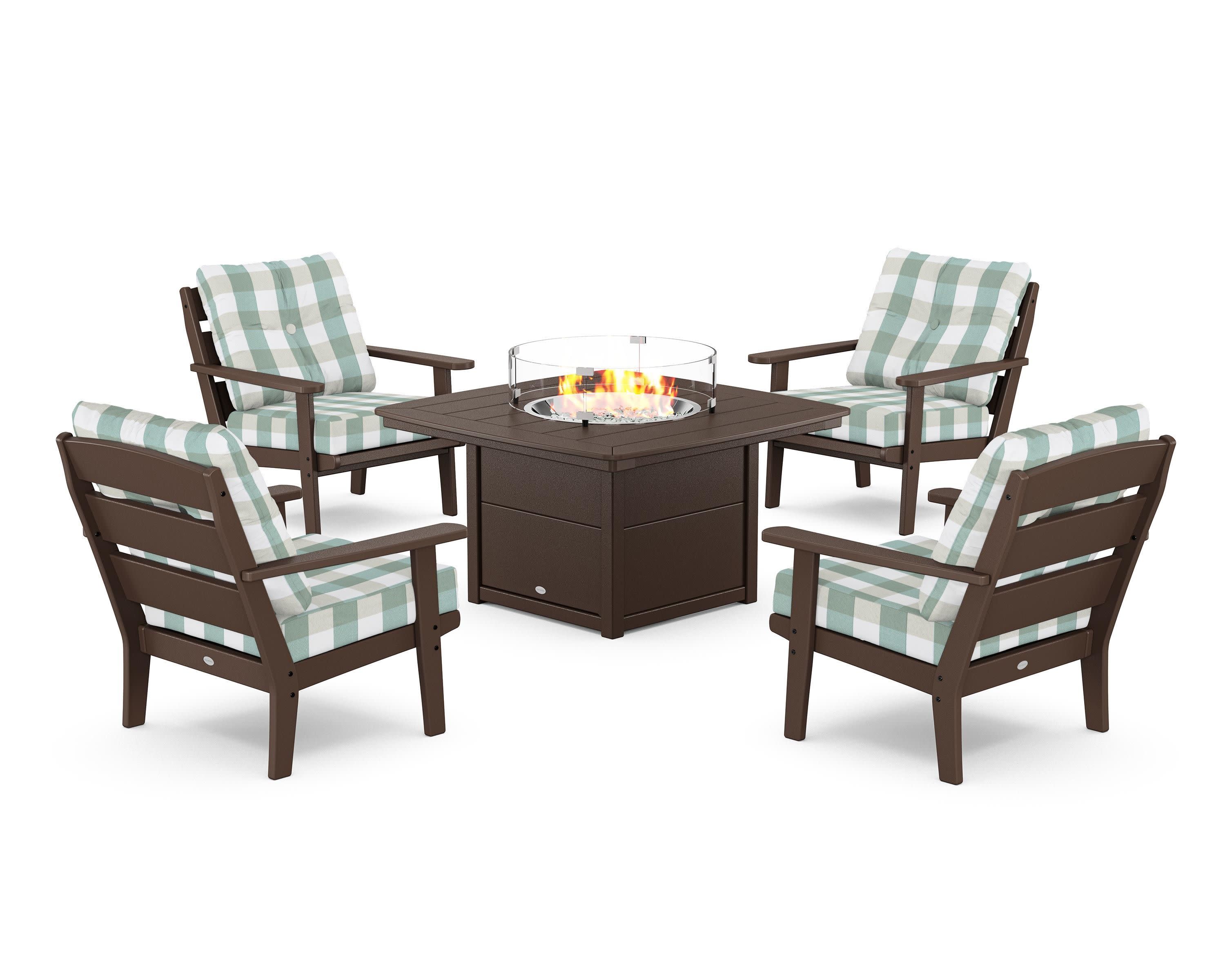 Lakeside 5-Piece Deep Seating Set with Nautical Fire Pit Table in Mahogany / Buffalo Plaid Glacier Spa