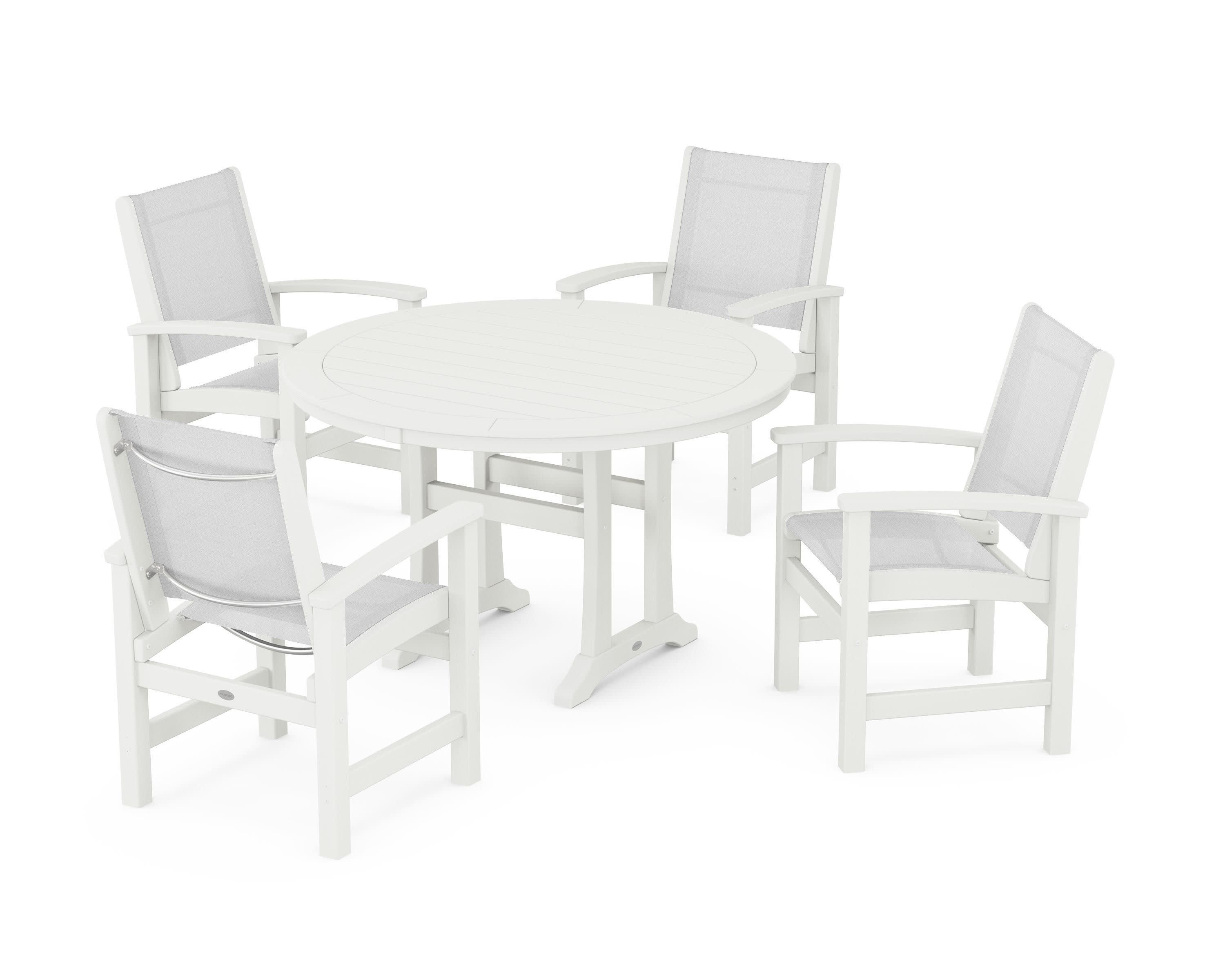 Coastal 5-Piece Round Dining Set with Trestle Legs in Vintage White / White Sling