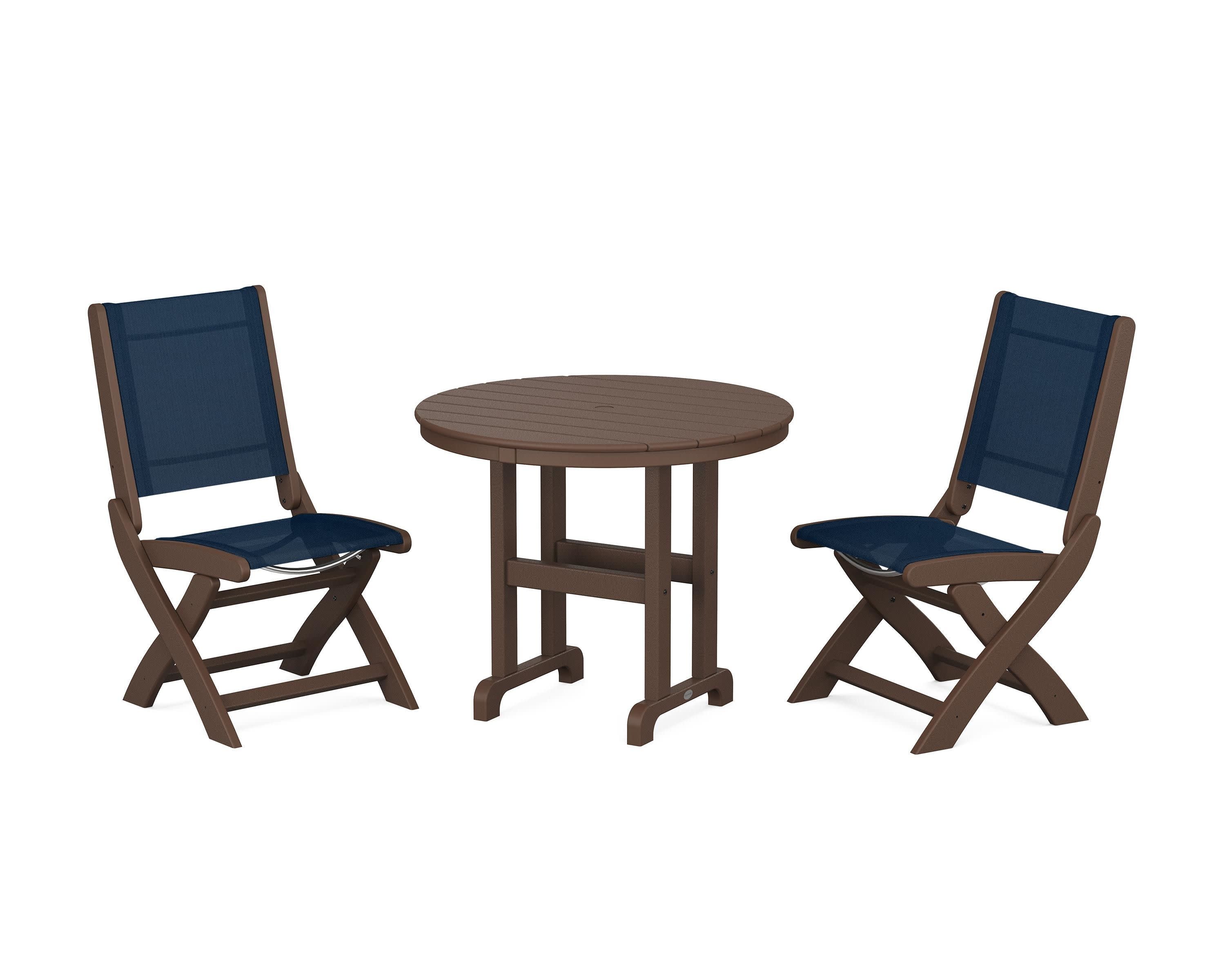 Coastal Folding Side Chair 3-Piece Round Dining Set in Mahogany / Navy Blue Sling