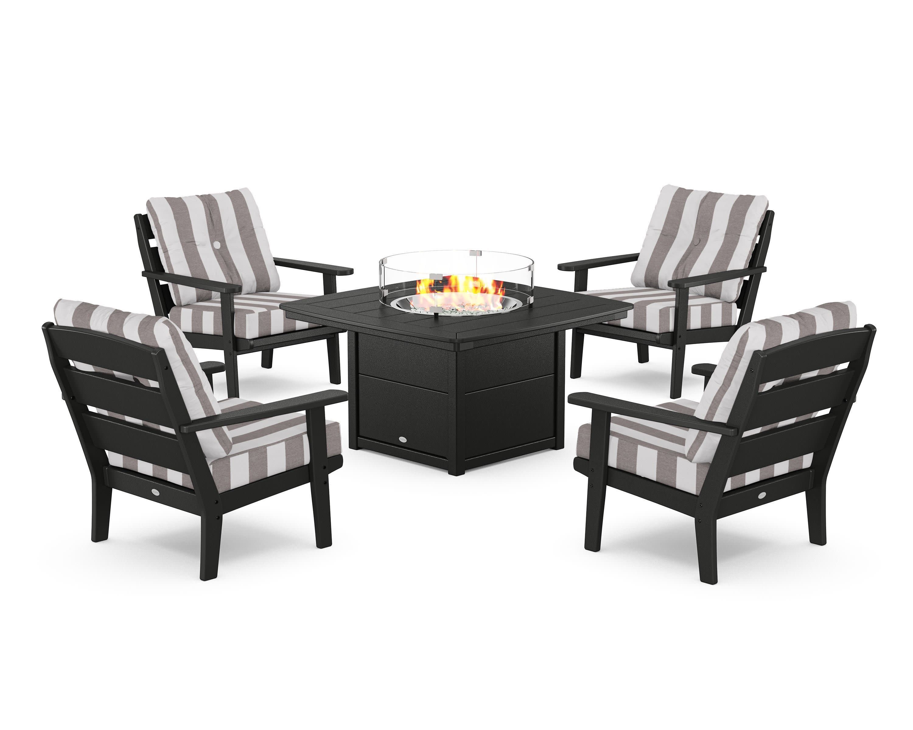 Lakeside 5-Piece Deep Seating Set with Nautical Fire Pit Table in Black / Cabana Stripe Grey Mist