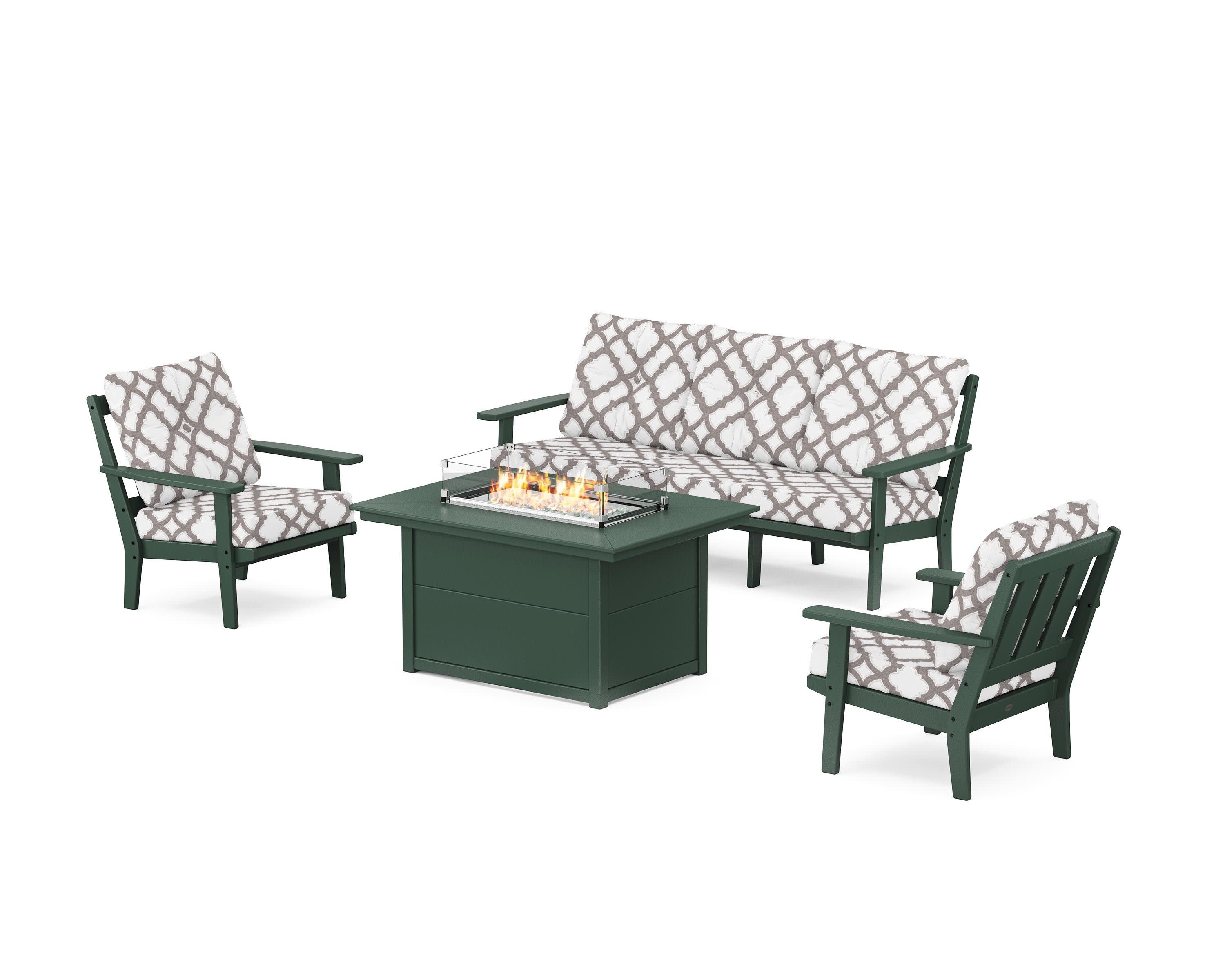 Oxford Deep Seating Fire Pit Table Set in Green / Trellis Grey Mist
