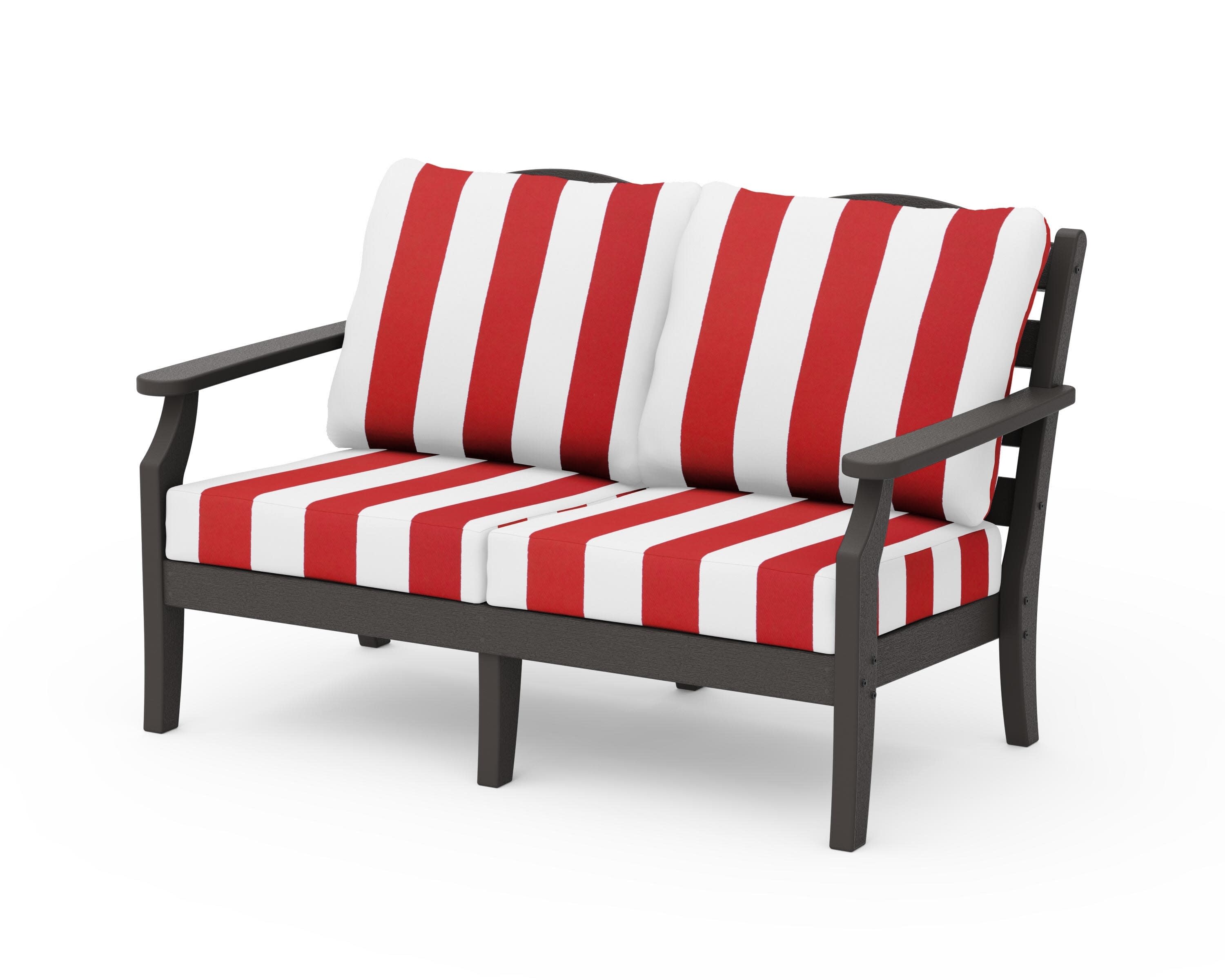 Savannah Deep Seating Loveseat in Vintage Coffee / Cabana Stripe Crimson