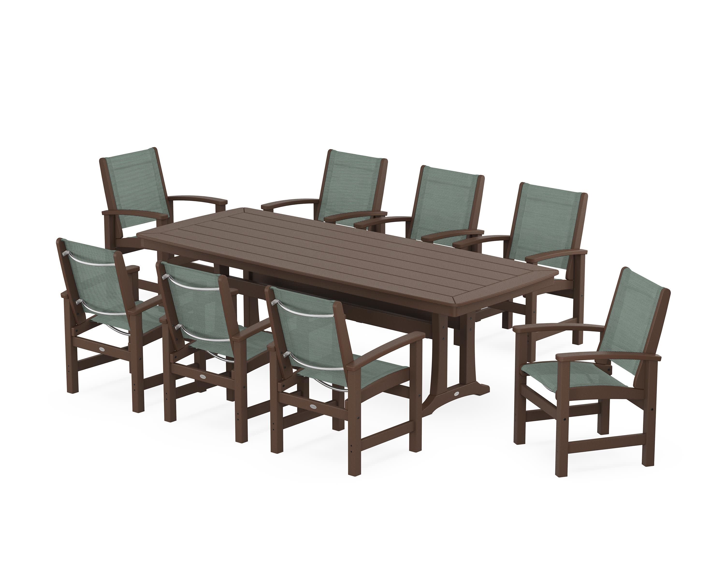 Coastal 9-Piece Dining Set with Trestle Legs in Mahogany / Dupioni Sea Mist Sling