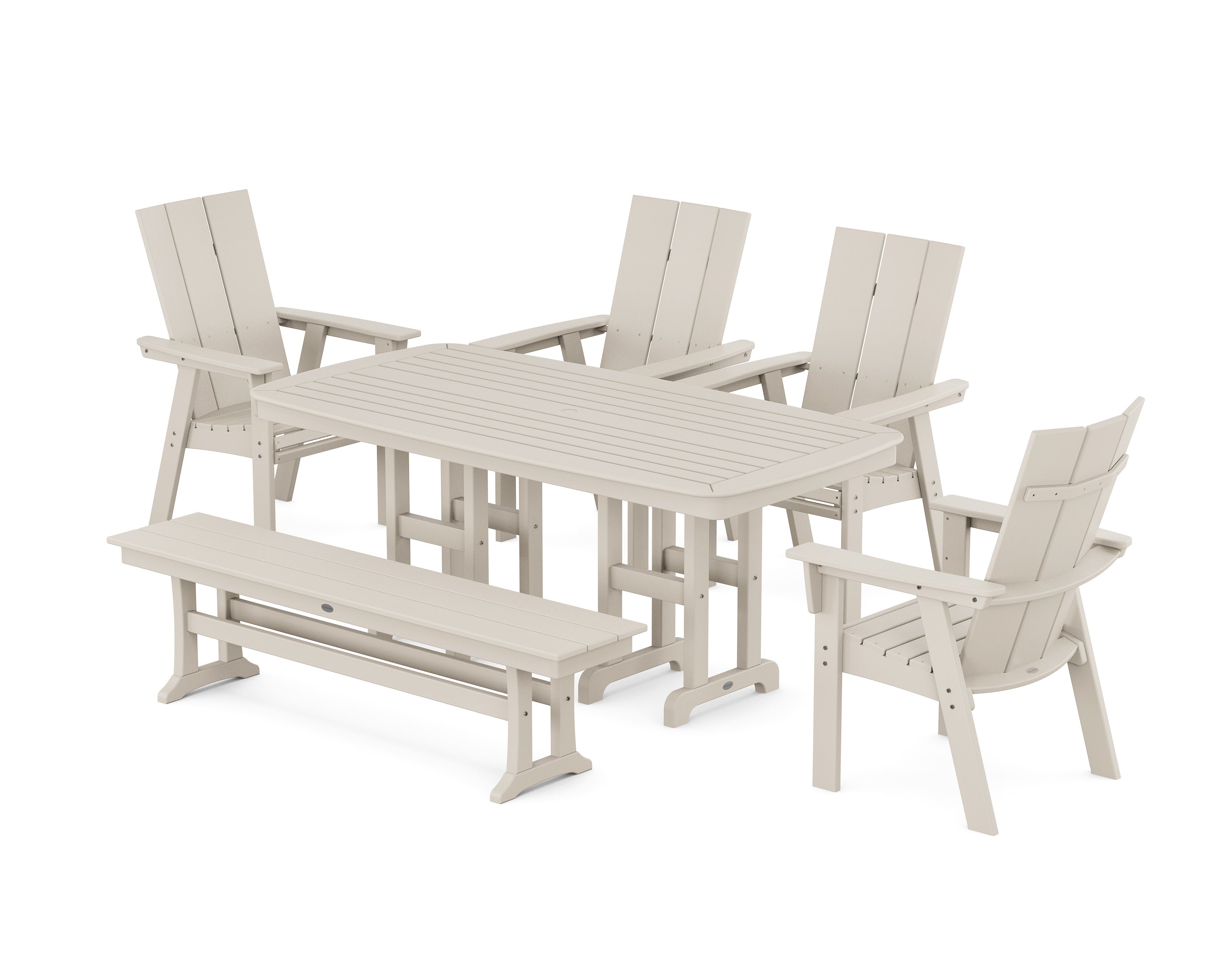 Modern Curveback Adirondack 6-Piece Dining Set with Bench in Sand