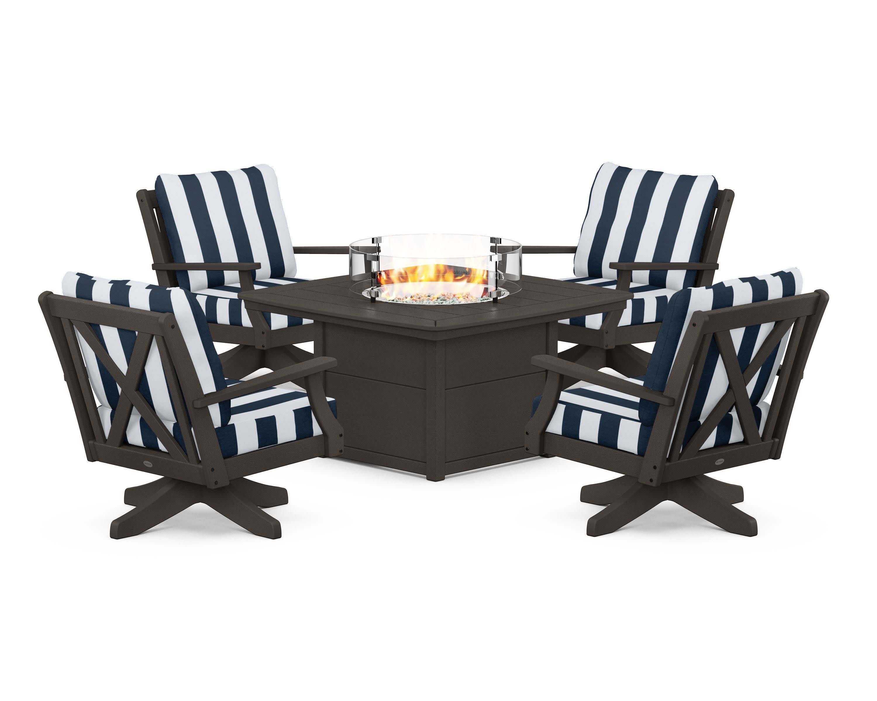 Braxton 5-Piece Deep Seating Swivel Conversation Set with Fire Pit Table in Vintage Coffee / Cabana Stripe Marine Indigo