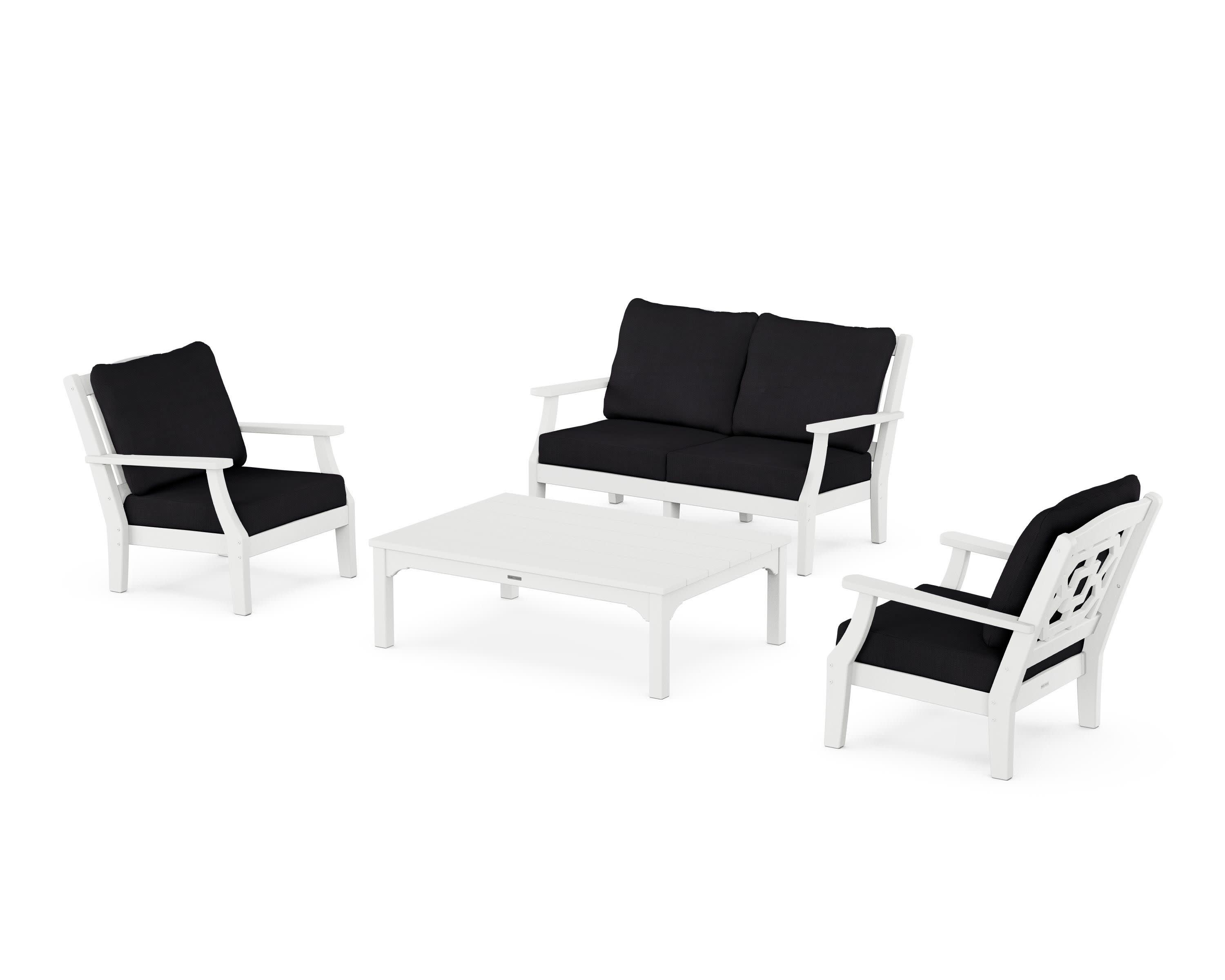 Chinoiserie 4-Piece Deep Seating Set with Loveseat in White / Midnight Linen