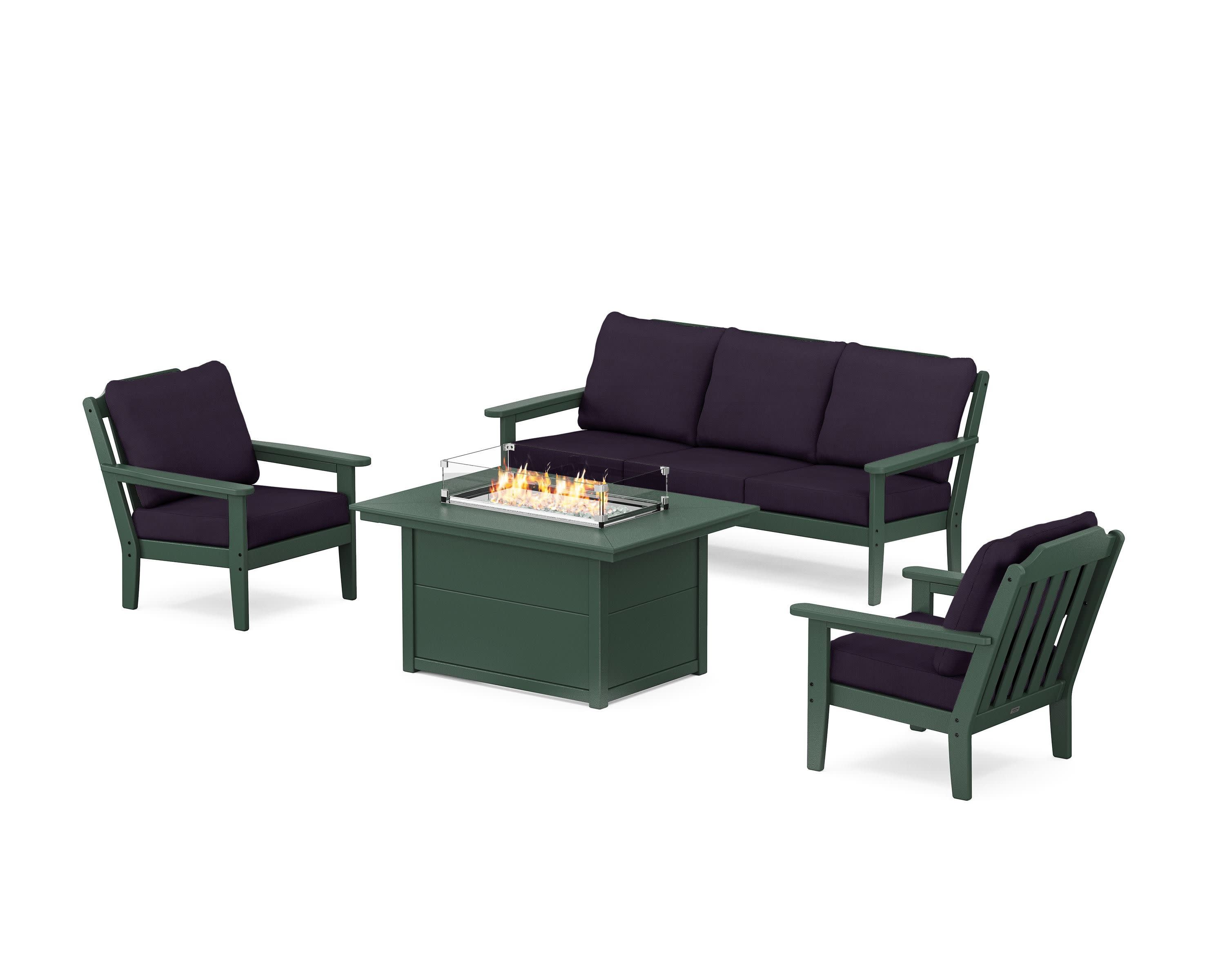 Cottage Deep Seating Fire Pit Table Set in Green / Navy Linen