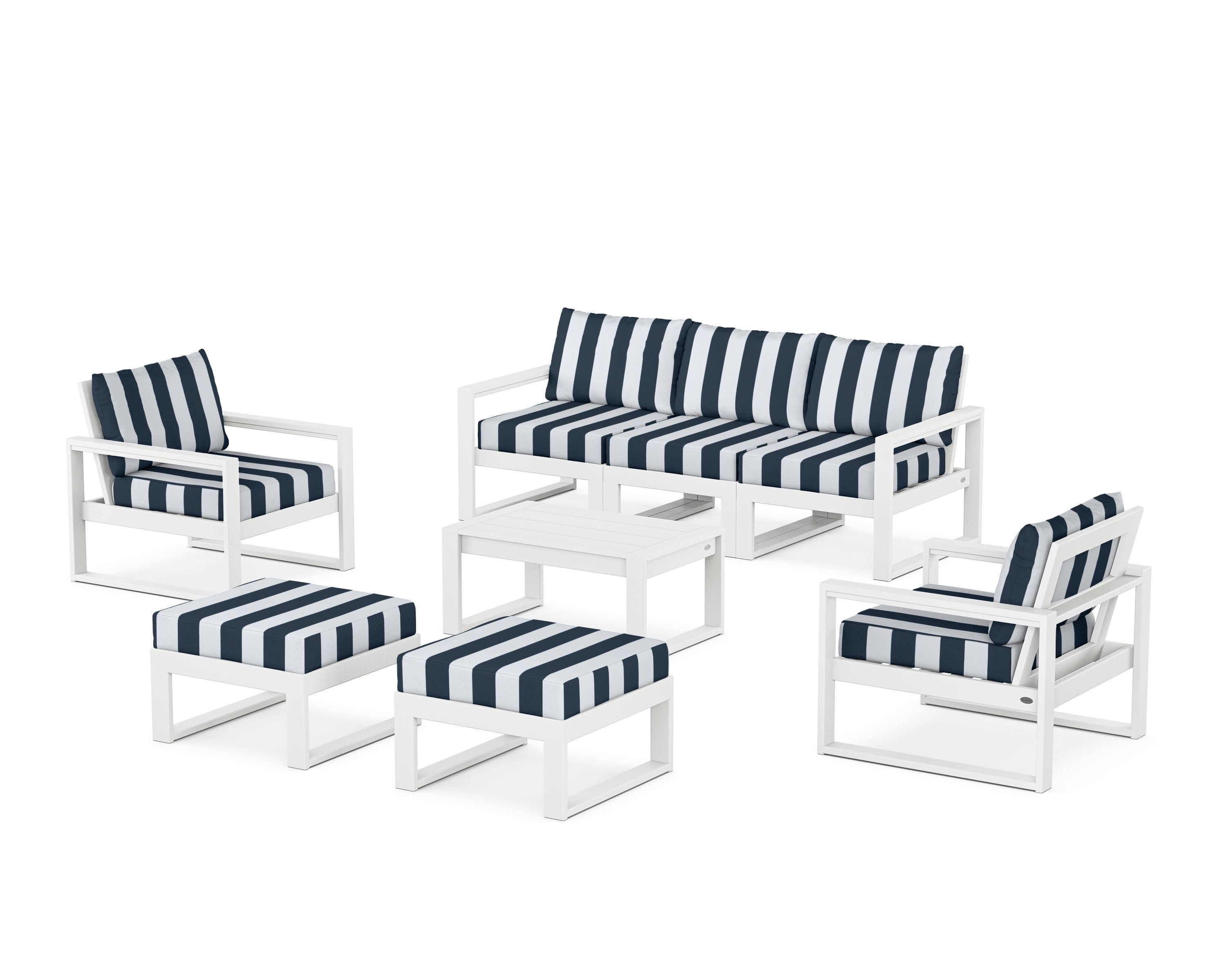 EDGE Sectional 8-Piece Lounge Sofa Set in White / Cabana Stripe Marine Indigo