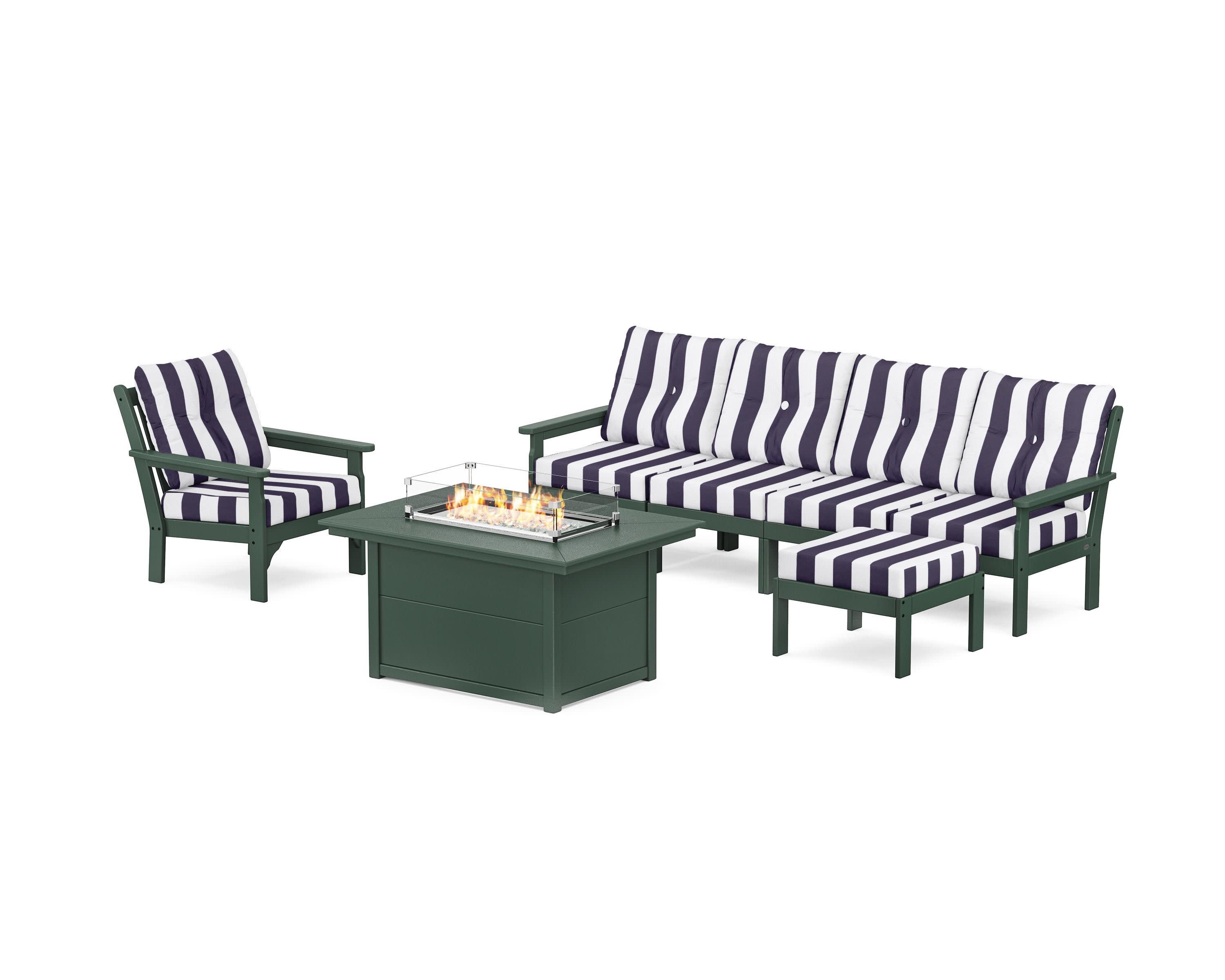 Vineyard Sectional Lounge and Fire Pit Set in Green / Cabana Stripe Navy