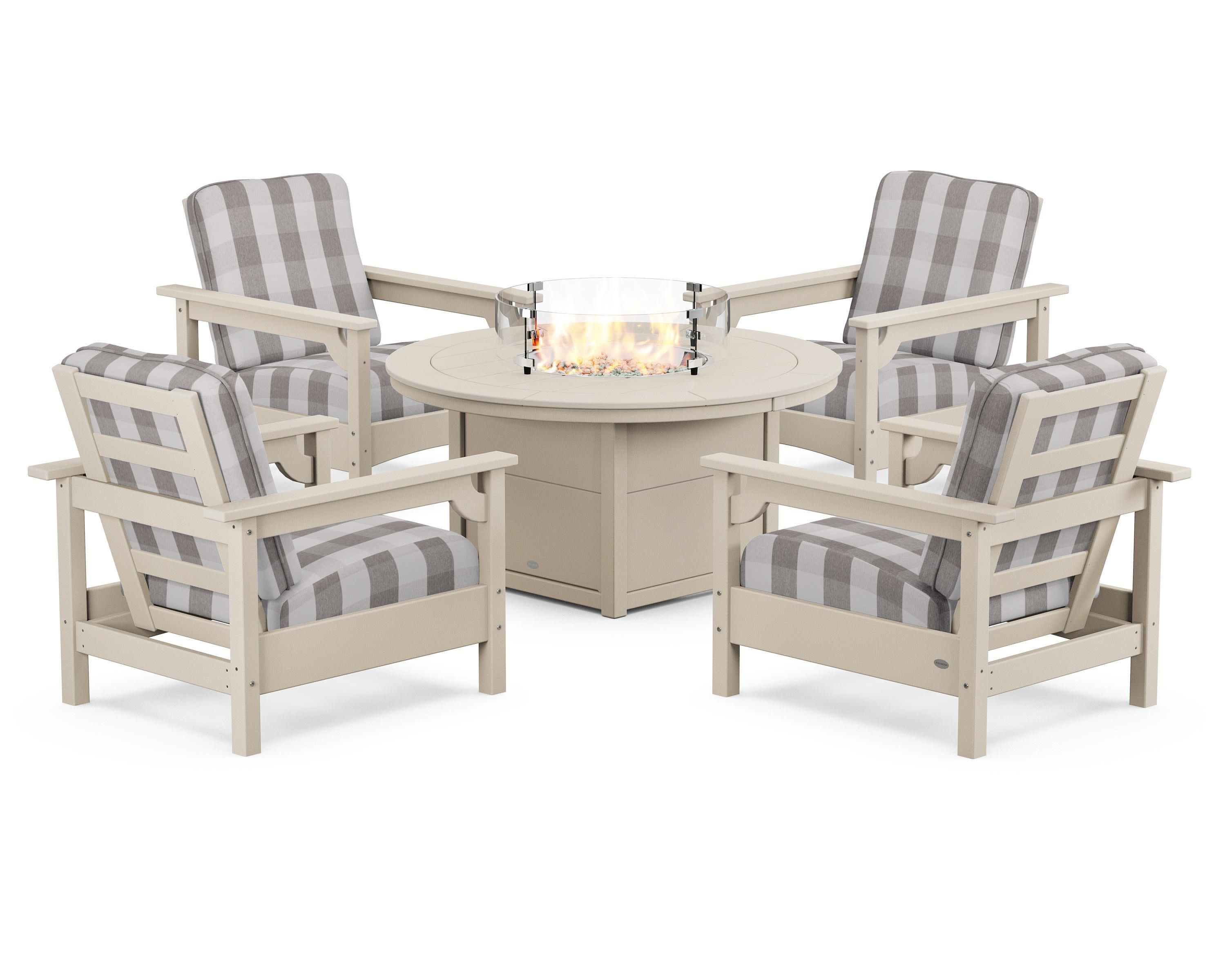 Club 5-Piece Conversation Set with Fire Pit Table in Sand / Buffalo Plaid Grey Mist