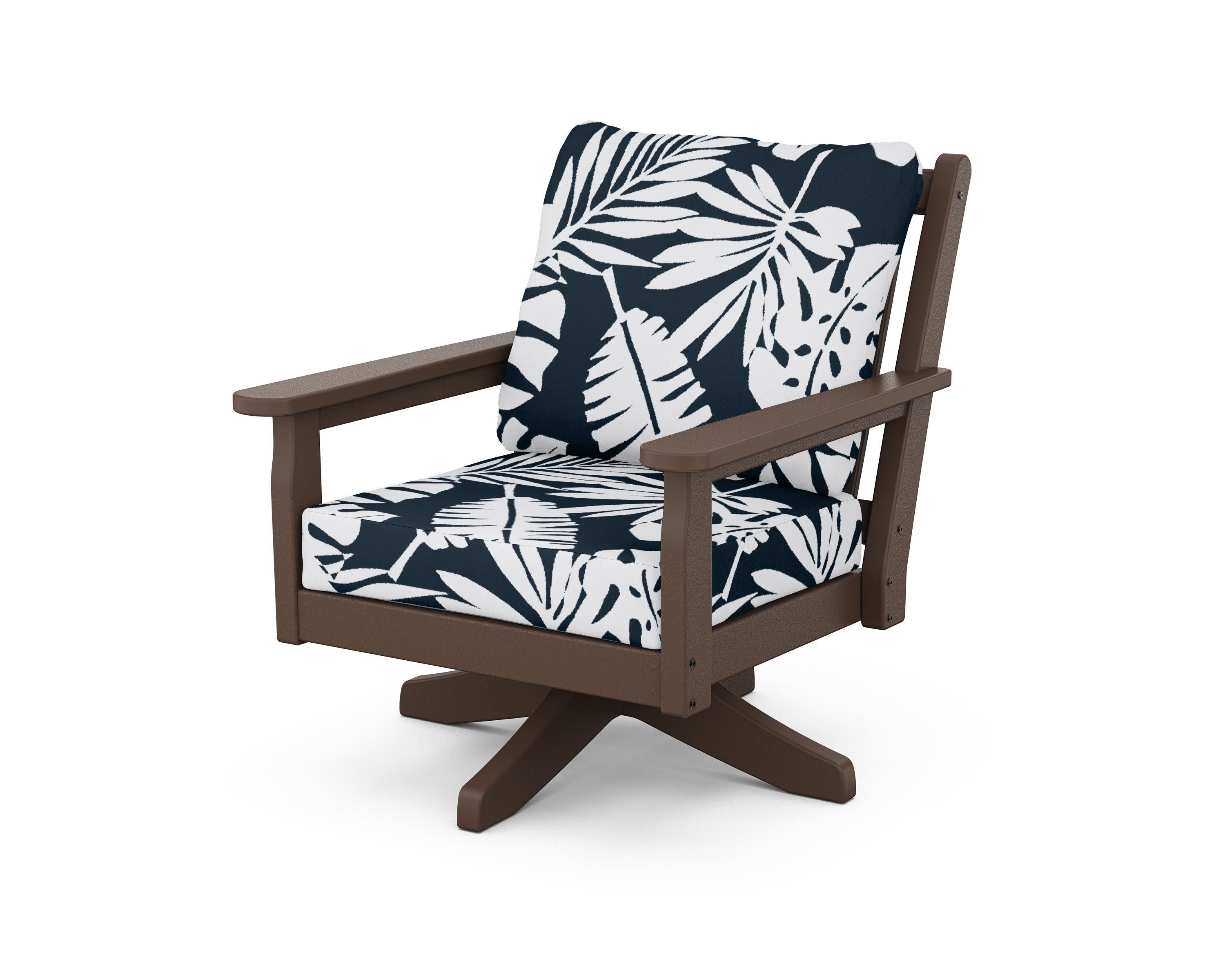 Chippendale Deep Seating Swivel Chair in Mahogany / Leaf Marine Indigo