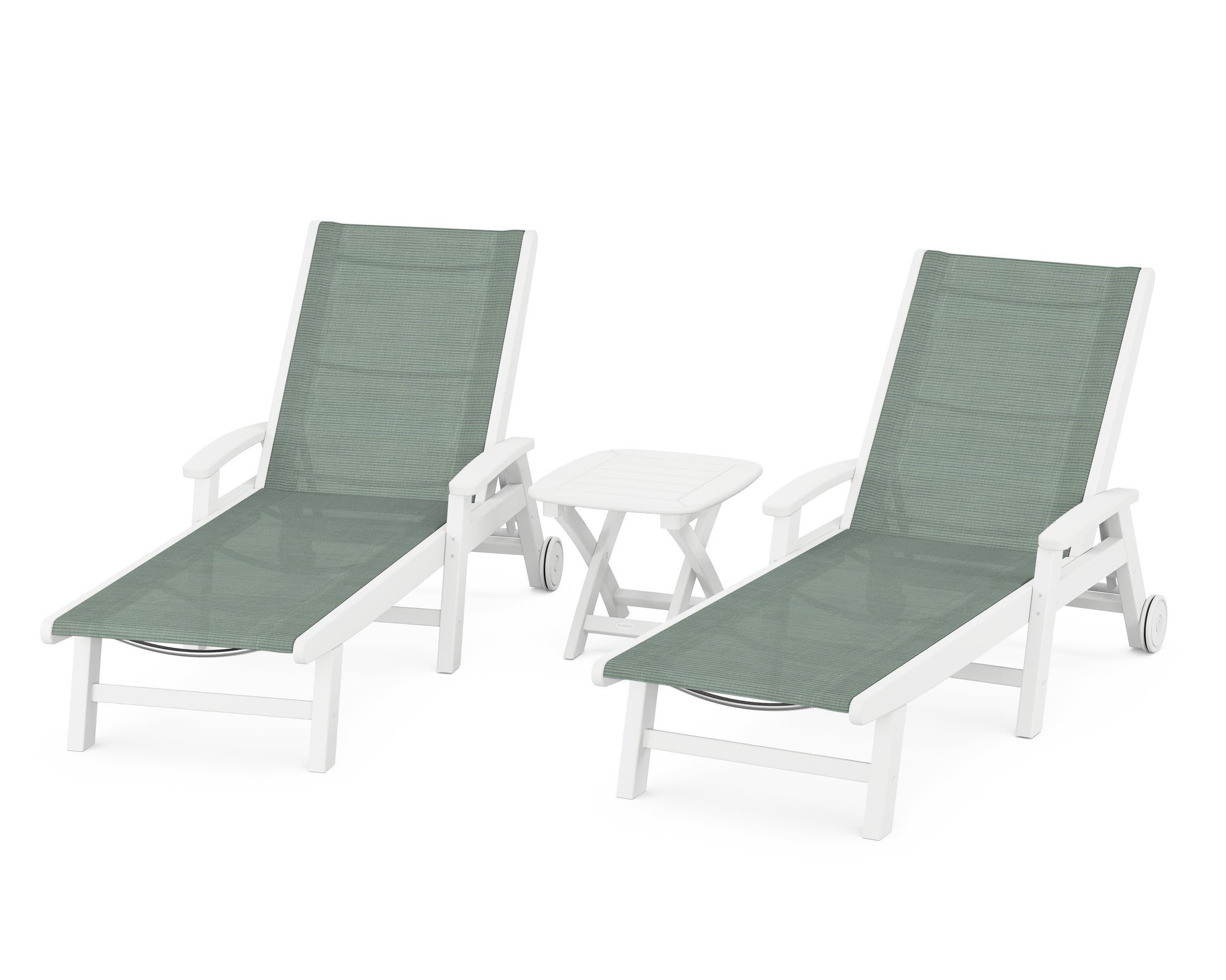 Coastal 3-Piece Wheeled Chaise Set in White / Dupioni Sea Mist Sling