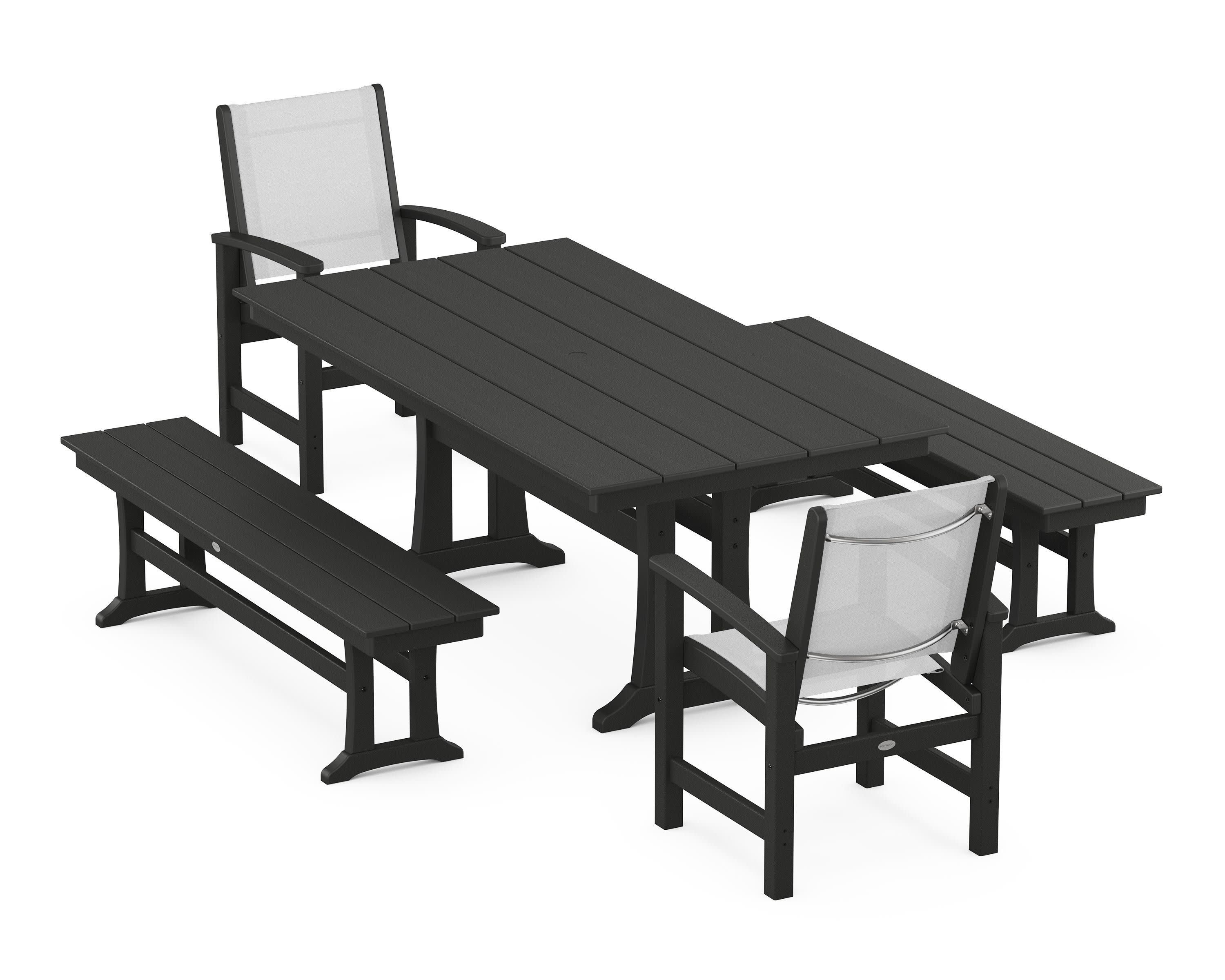 Coastal 5-Piece Farmhouse Dining Set with Trestle Legs and Benches in Black / White Sling
