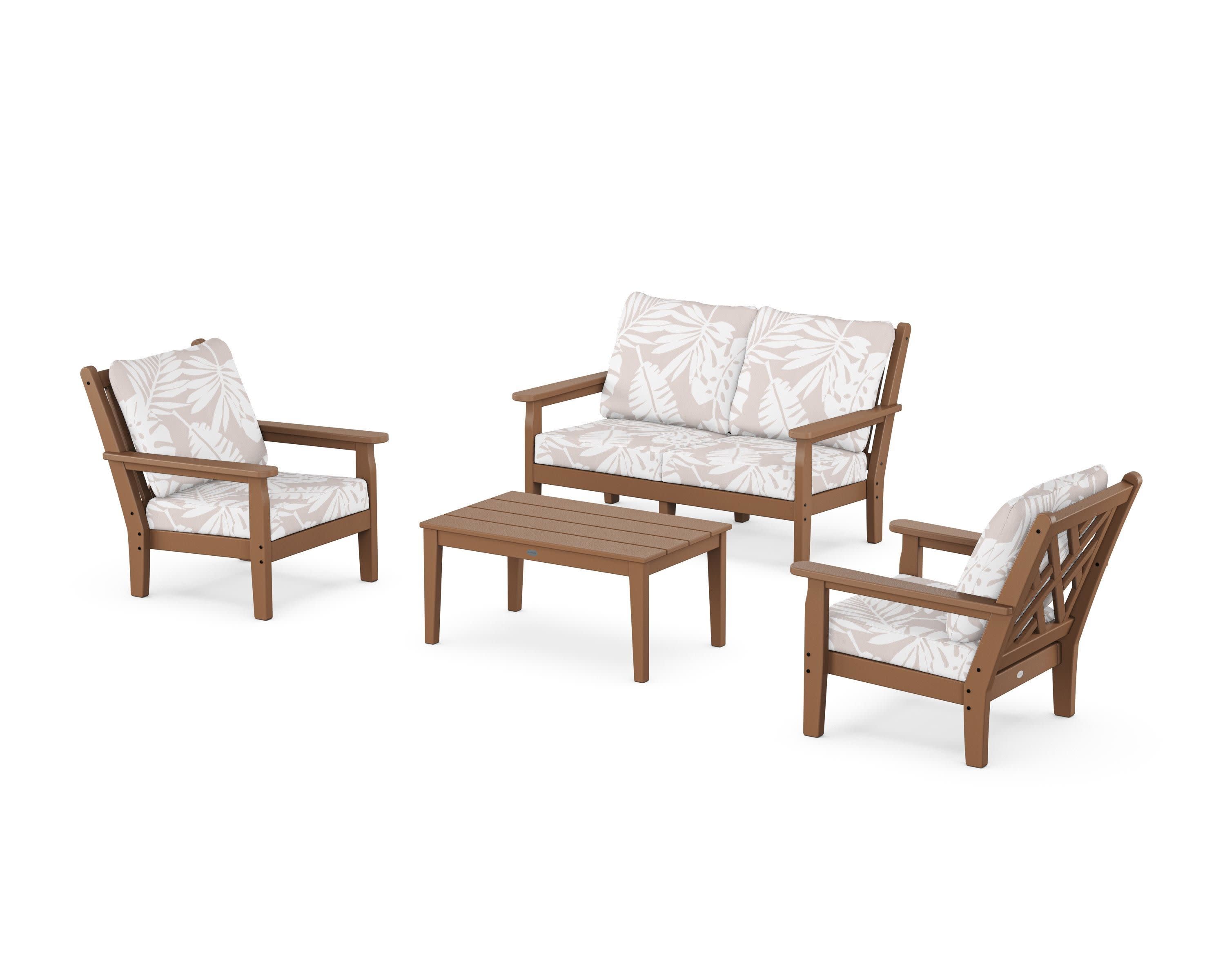 Chippendale 4-Piece Deep Seating Set with Loveseat in Teak / Leaf Dune Burlap