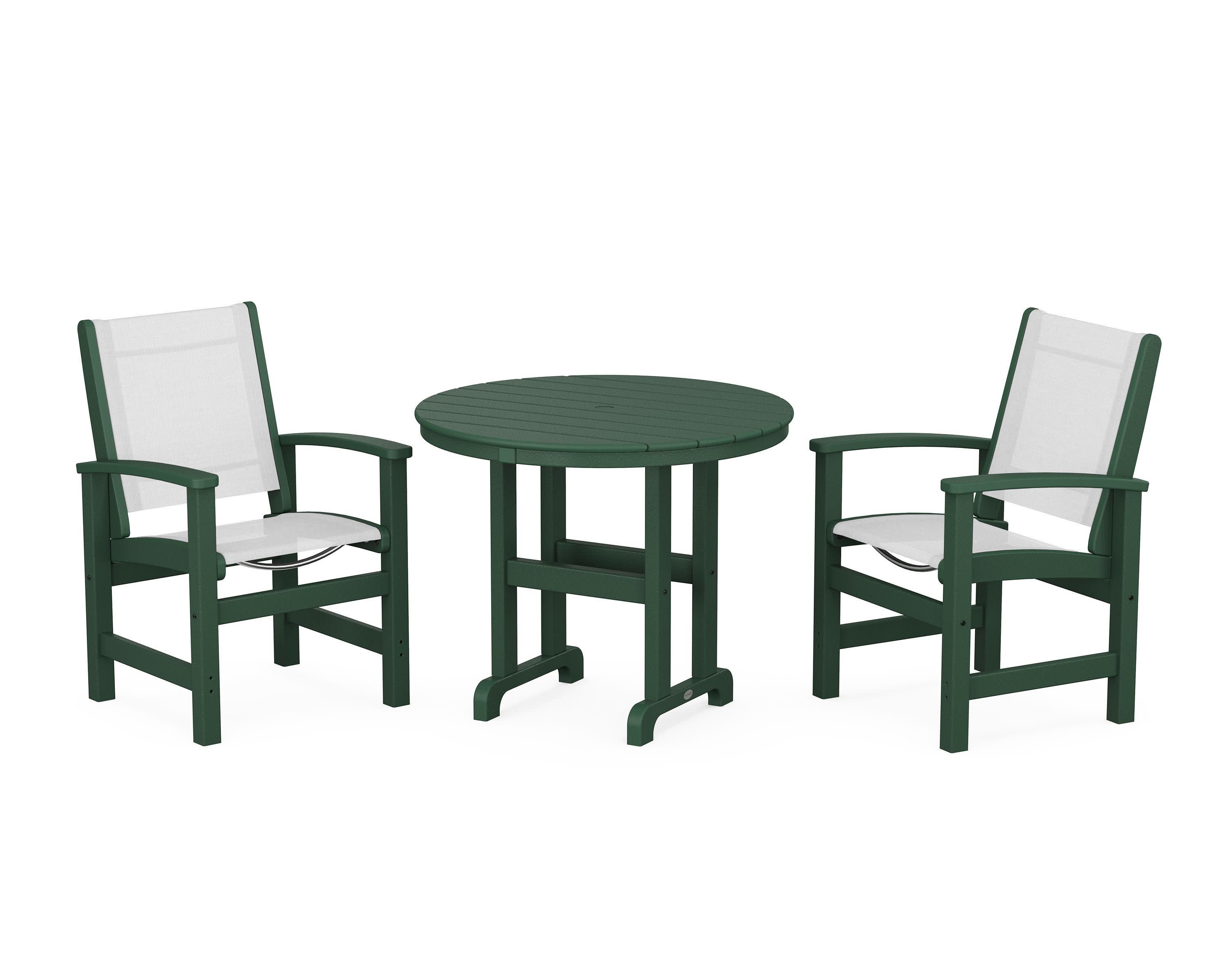 Coastal 3-Piece Round Dining Set in Green / White Sling