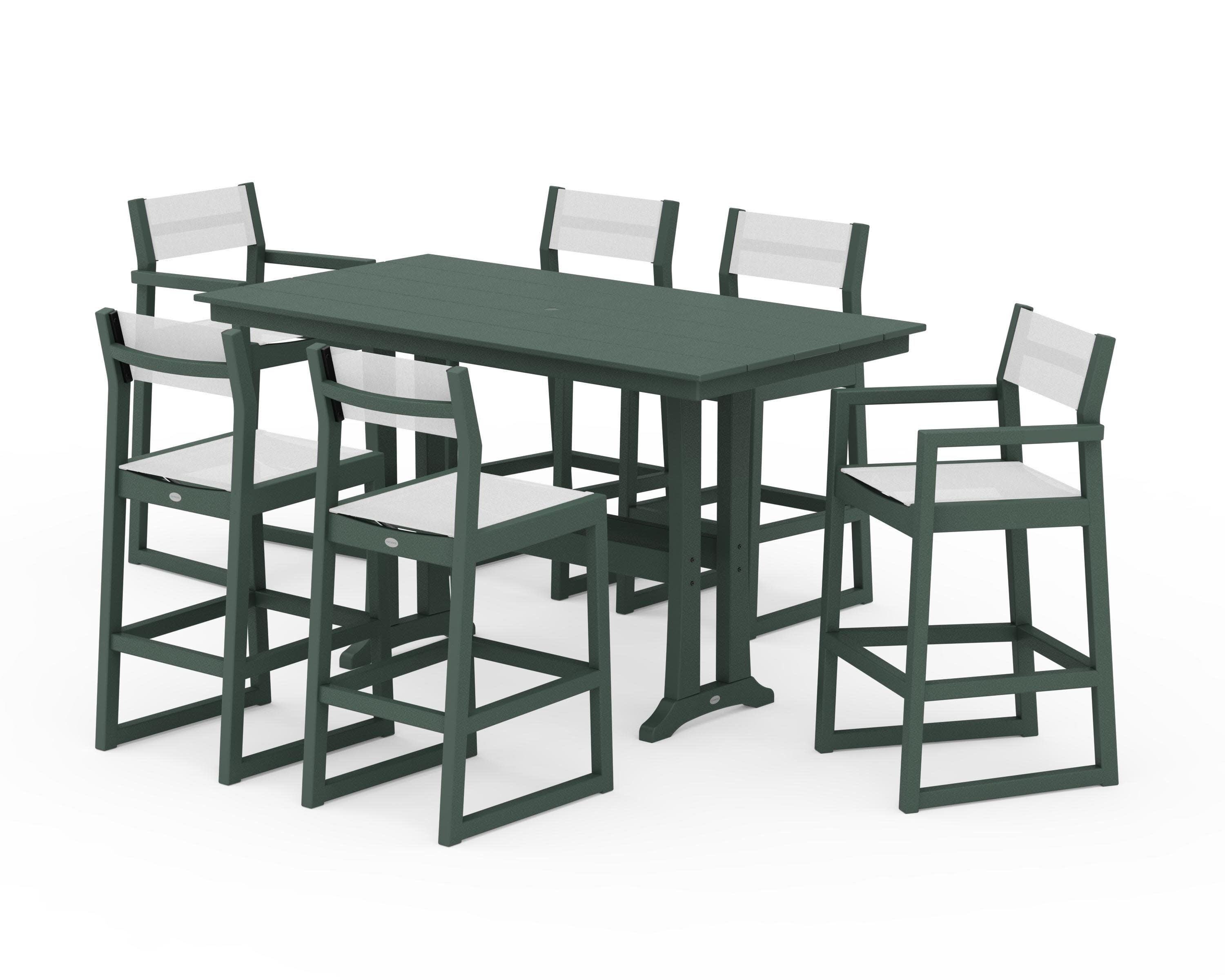 EDGE Sling 7-Piece Farmhouse Bar Set with Trestle Legs in Green / White Sling