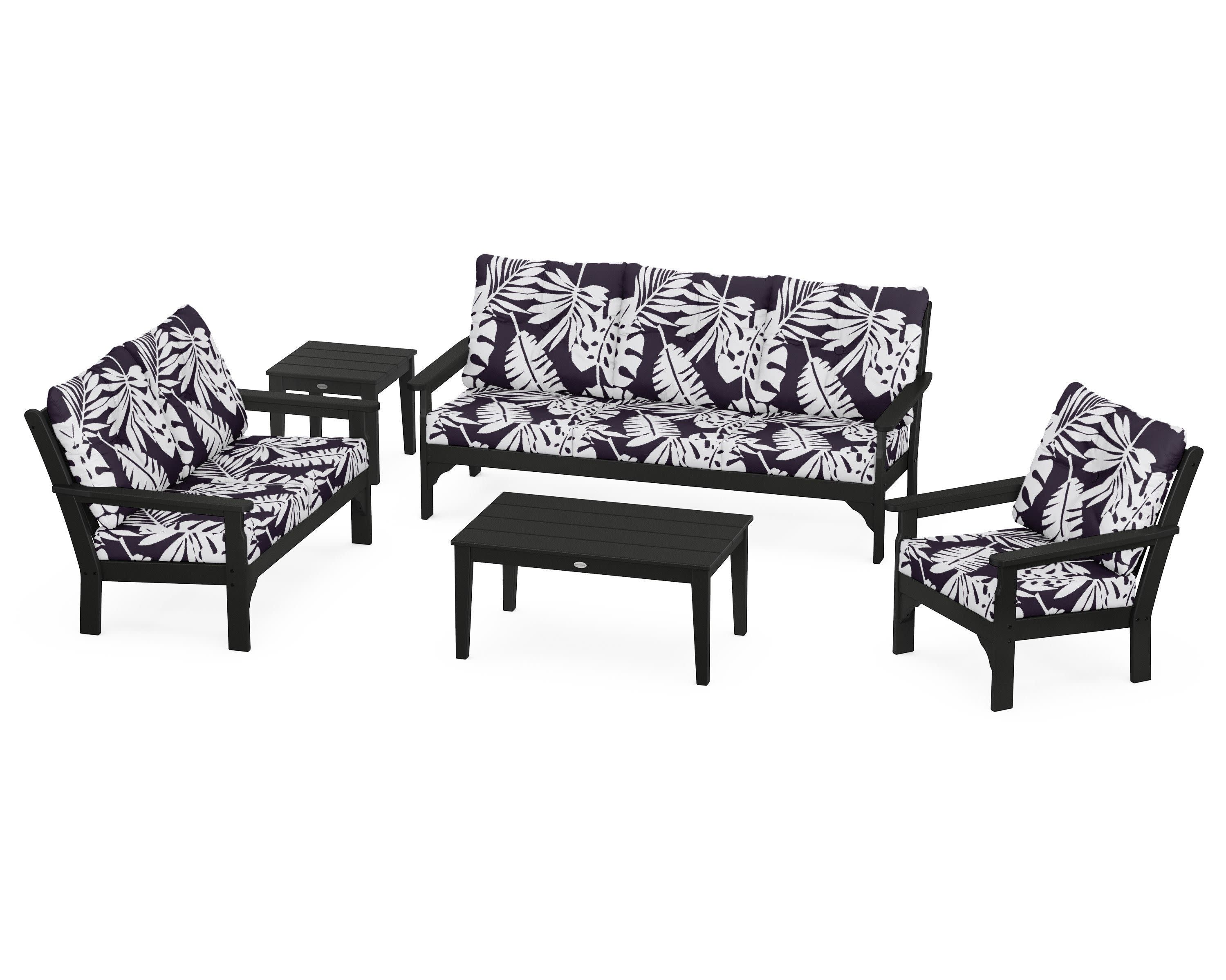 Vineyard 5 Piece Deep Seating Set in Black / Leaf Navy