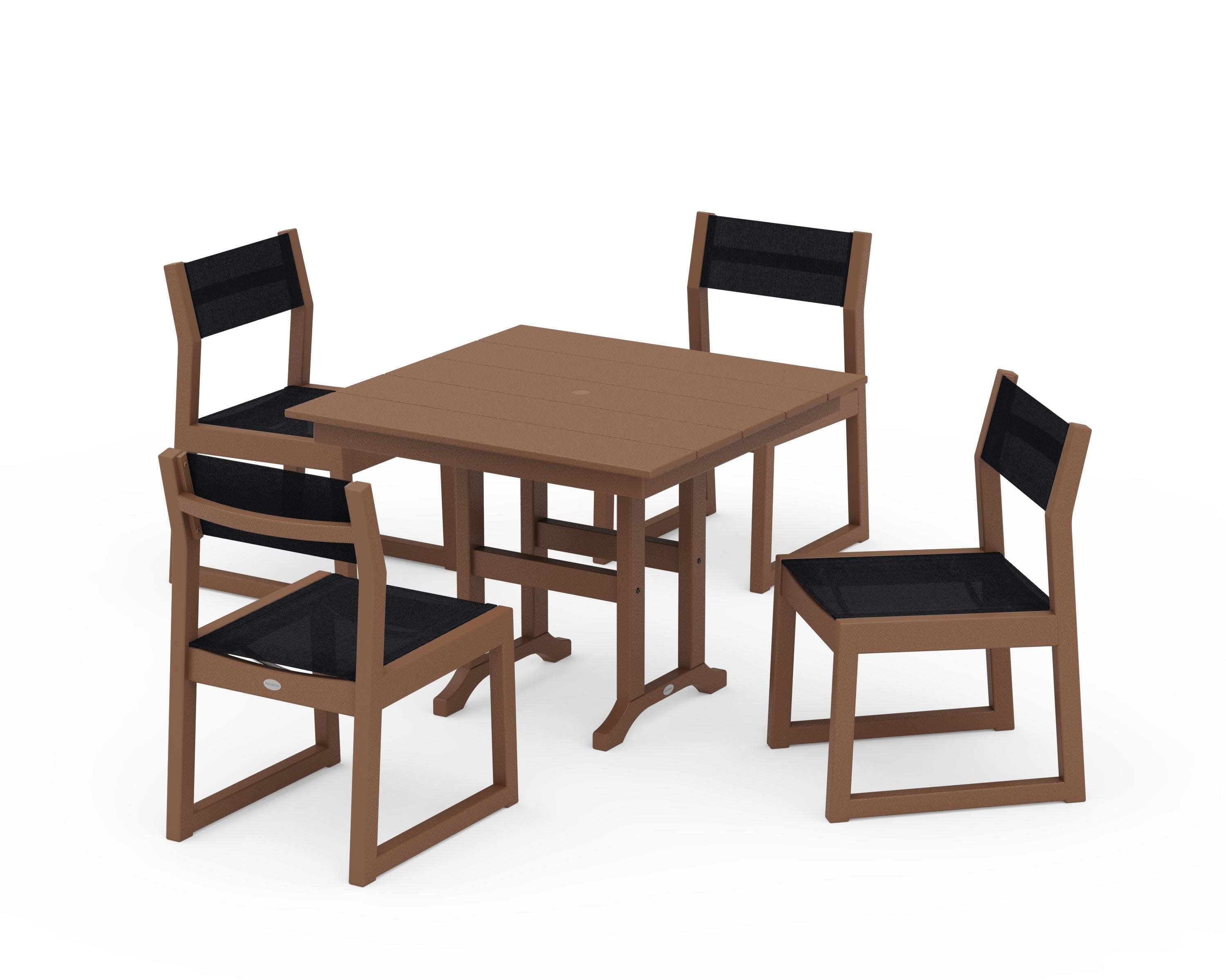 EDGE Sling Side Chair 5-Piece Farmhouse Dining Set in Teak / Black Sling