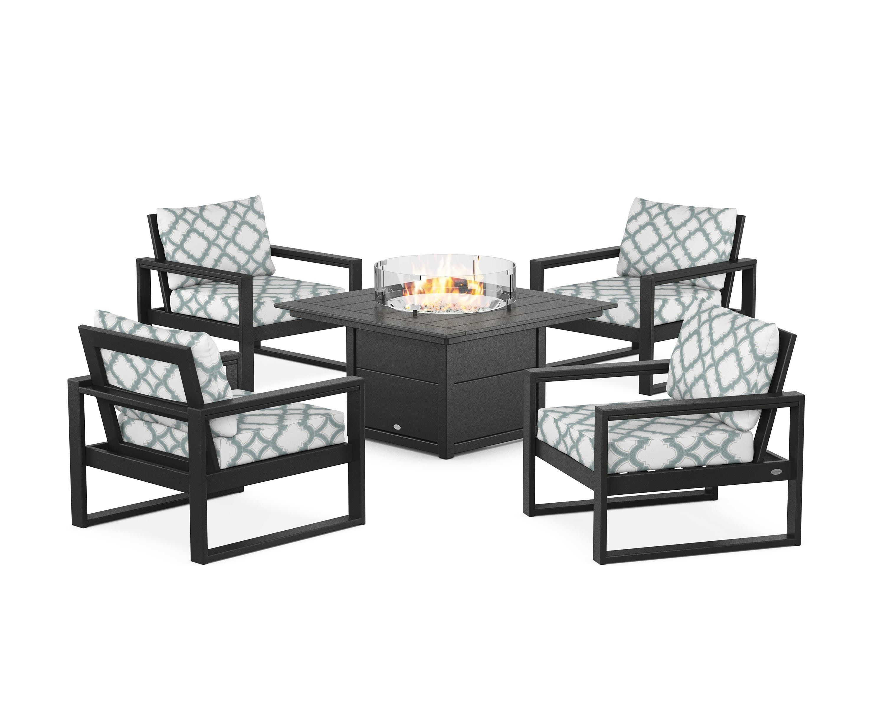 EDGE Sectional 5-Piece Deep Seating Set with Fire Pit Table in Black / Trellis Glacier Spa