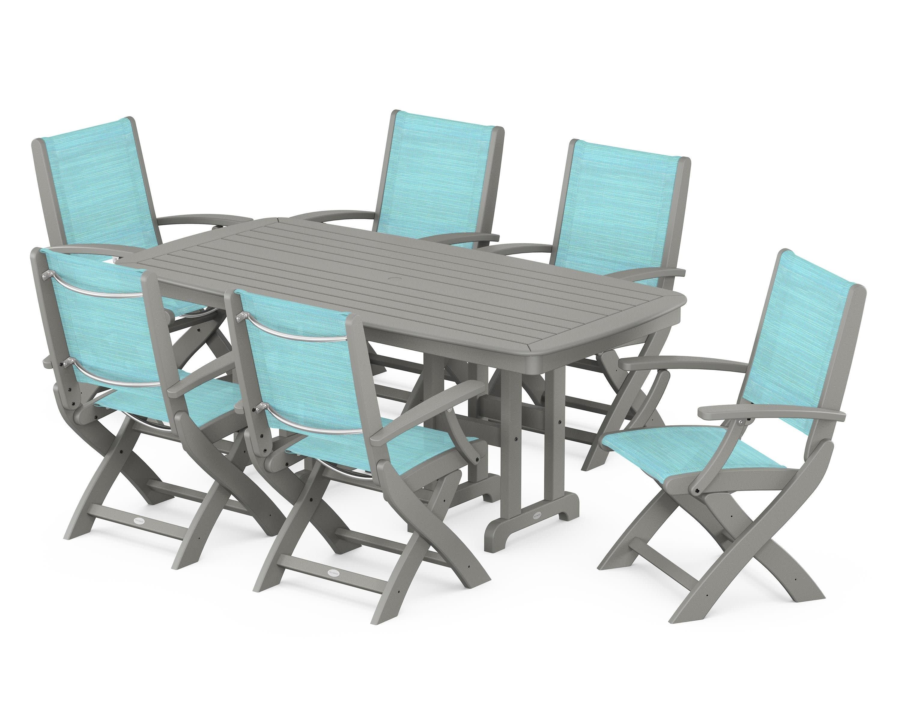 Coastal Folding Arm Chair 7-Piece Dining Set in Slate Grey / Dupioni Aquamarine Sling