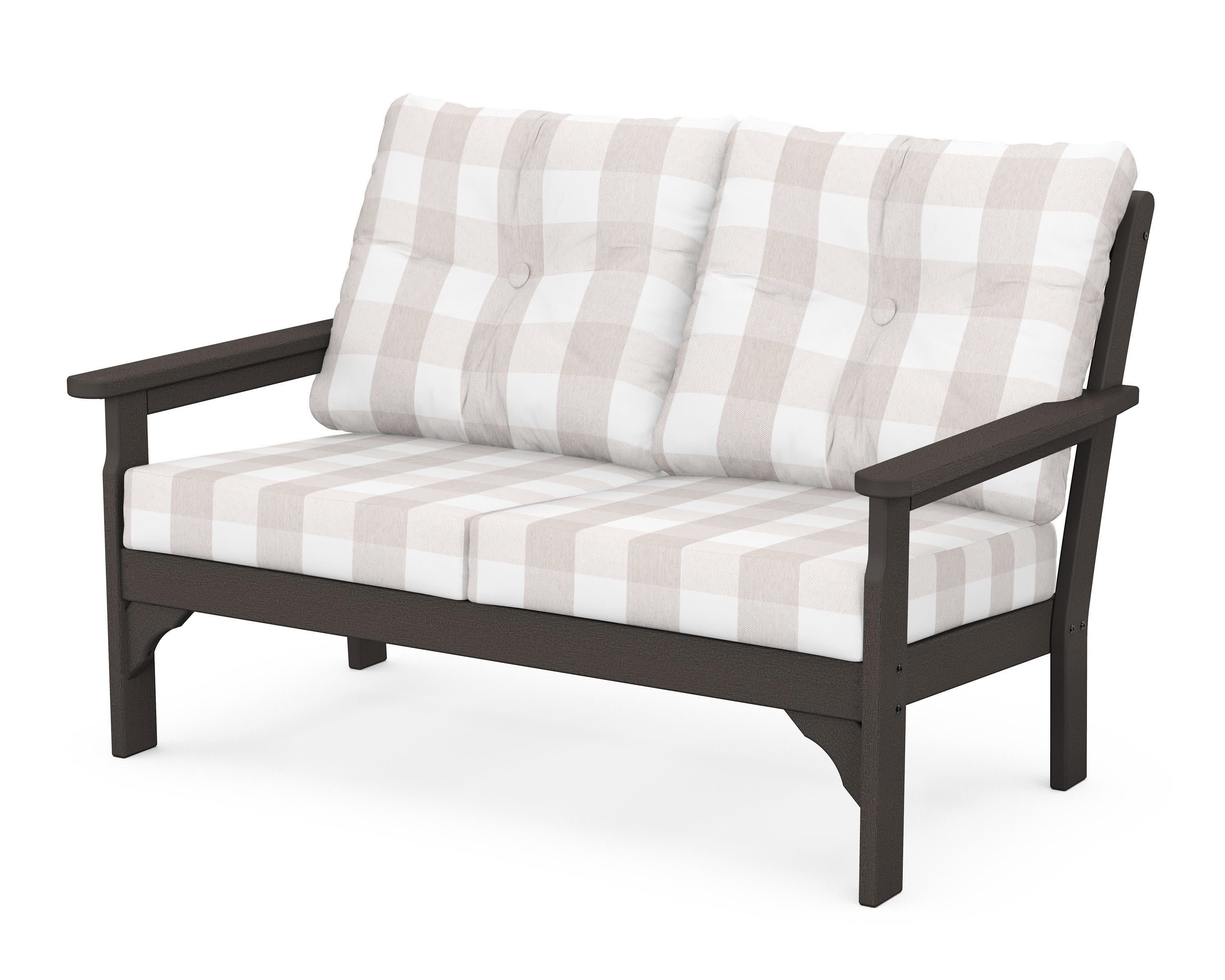 Vineyard Deep Seating Loveseat in Vintage Coffee / Buffalo Plaid Dune Burlap