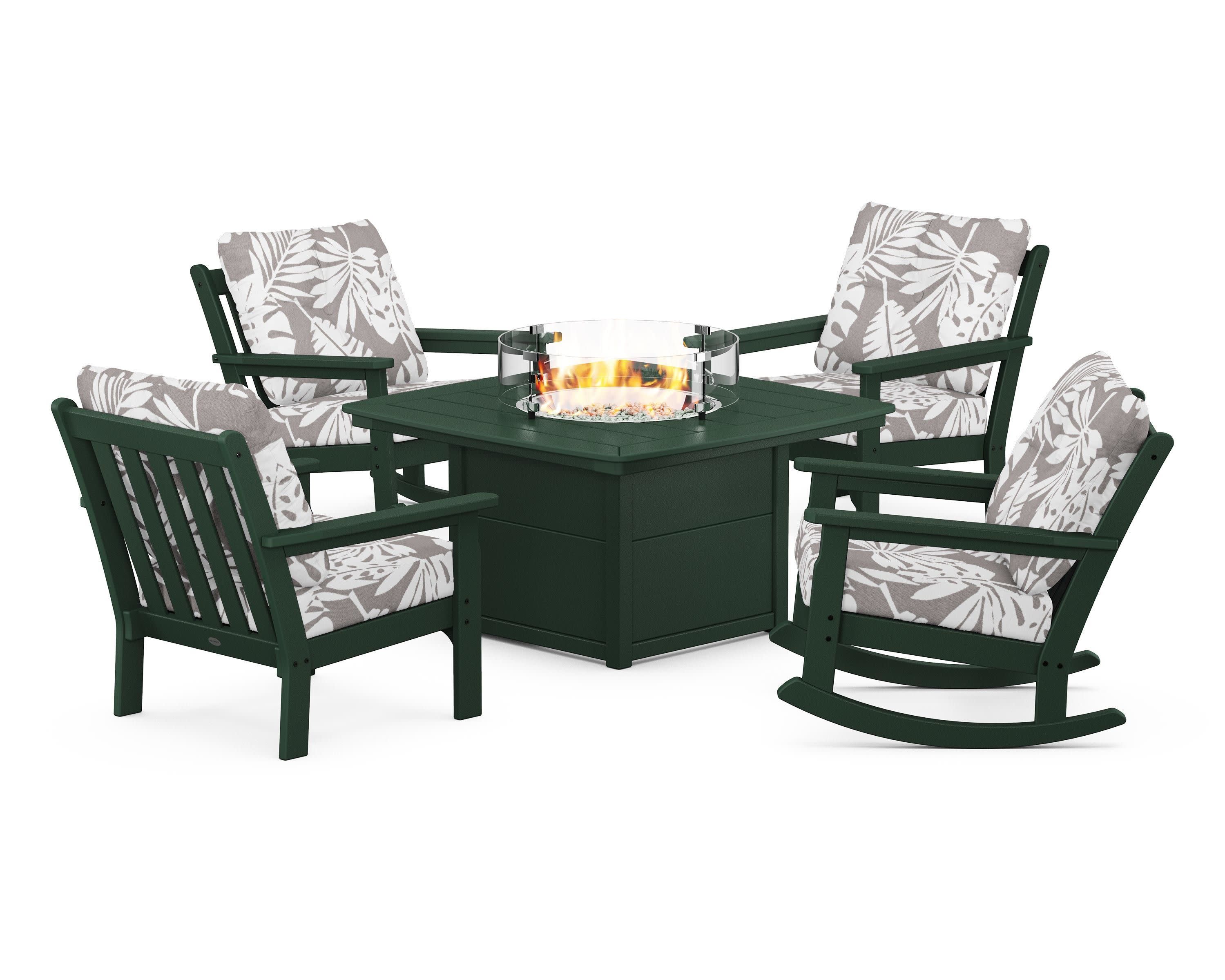 Vineyard 5-Piece Deep Seating Rocking Chair Conversation Set with Fire Pit Table in Green / Leaf Grey Mist