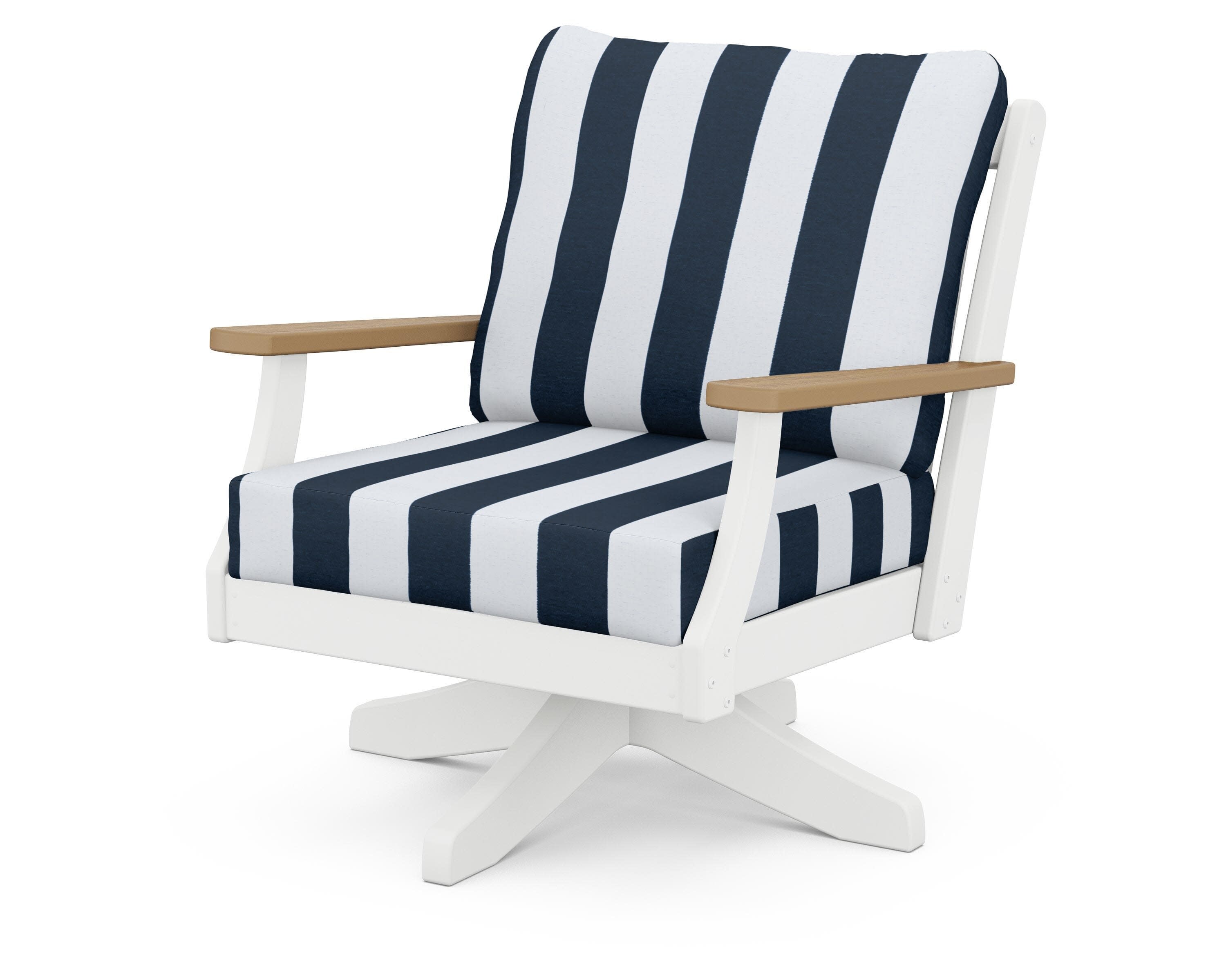 Braxton Deep Seating Swivel Chair in White / Natural / Cabana Stripe Marine Indigo