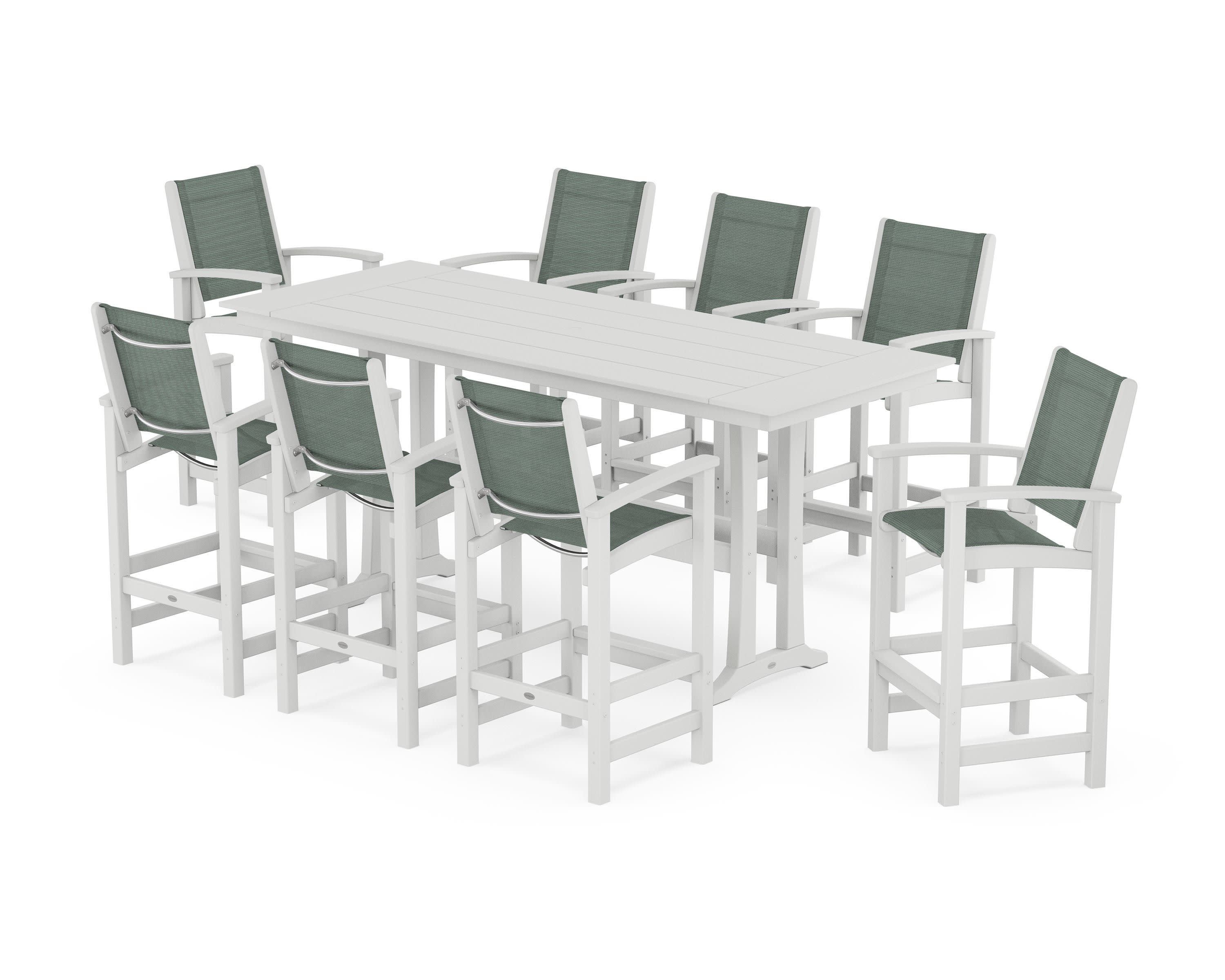 Coastal 9-Piece Farmhouse Bar Set with Trestle Legs in White / Dupioni Sea Mist Sling