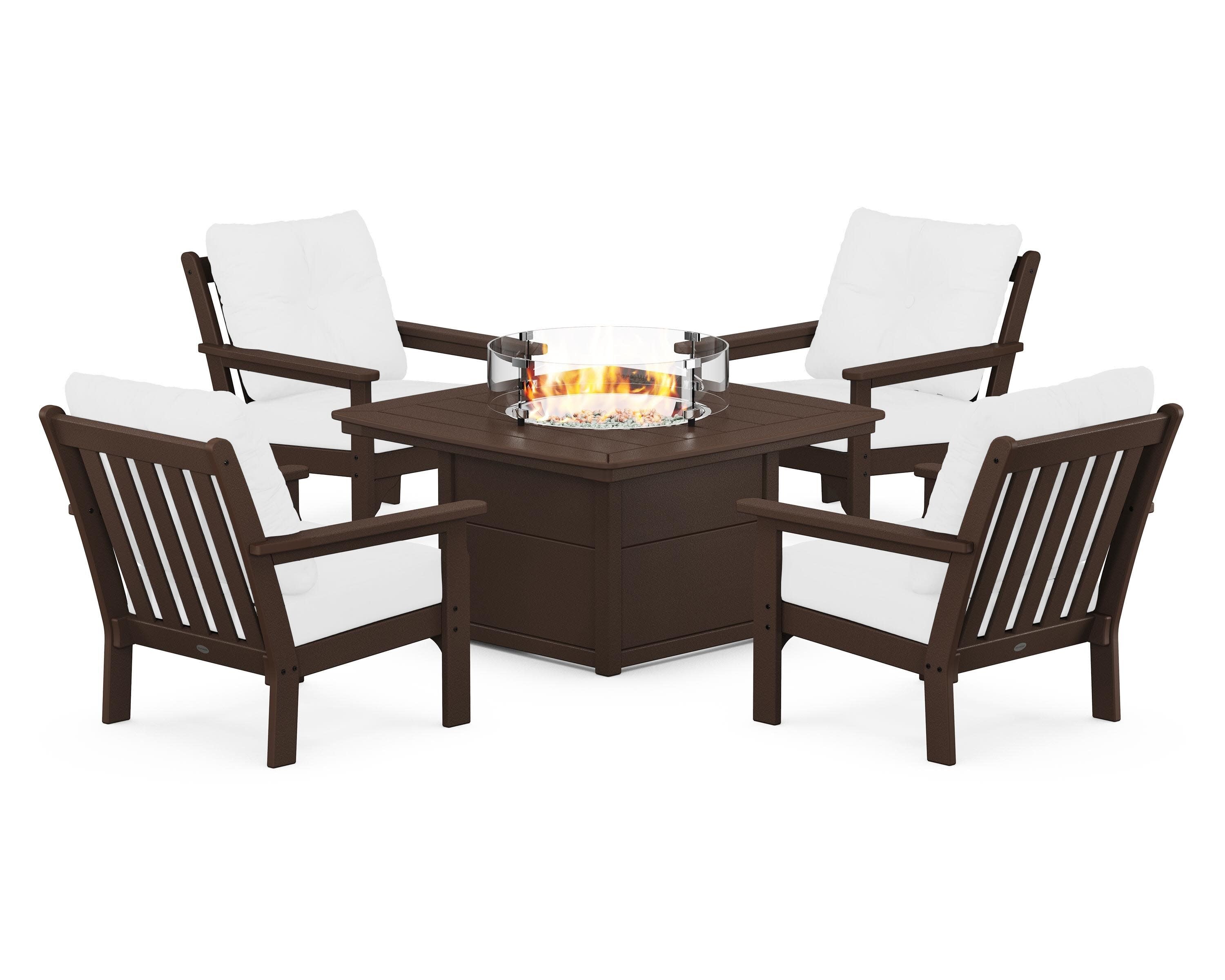 Vineyard 5-Piece Conversation Set with Fire Pit Table in Mahogany / Natural
