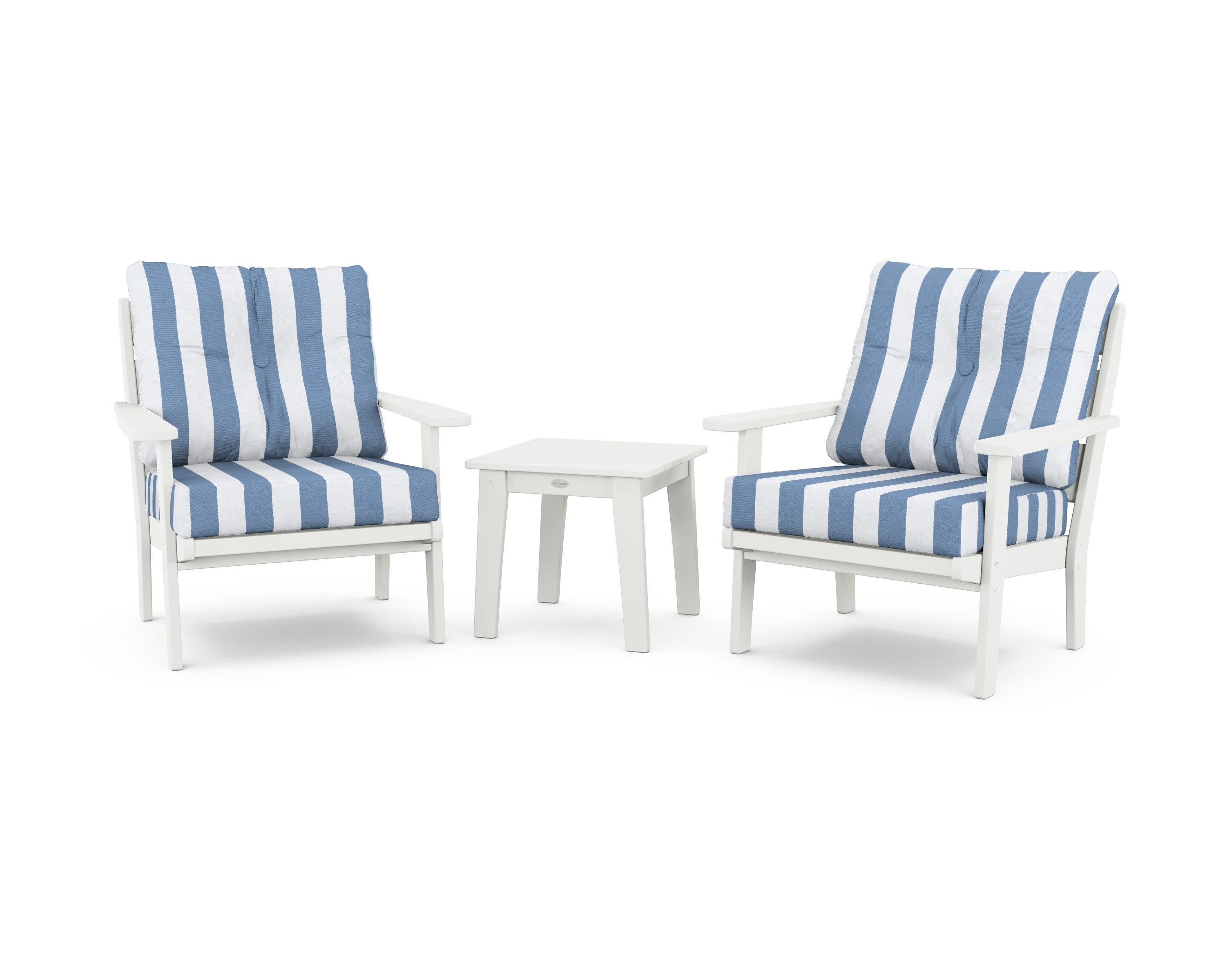 Lakeside 3-Piece Deep Seating Chair Set in Vintage White / Cabana Stripe Sky Blue