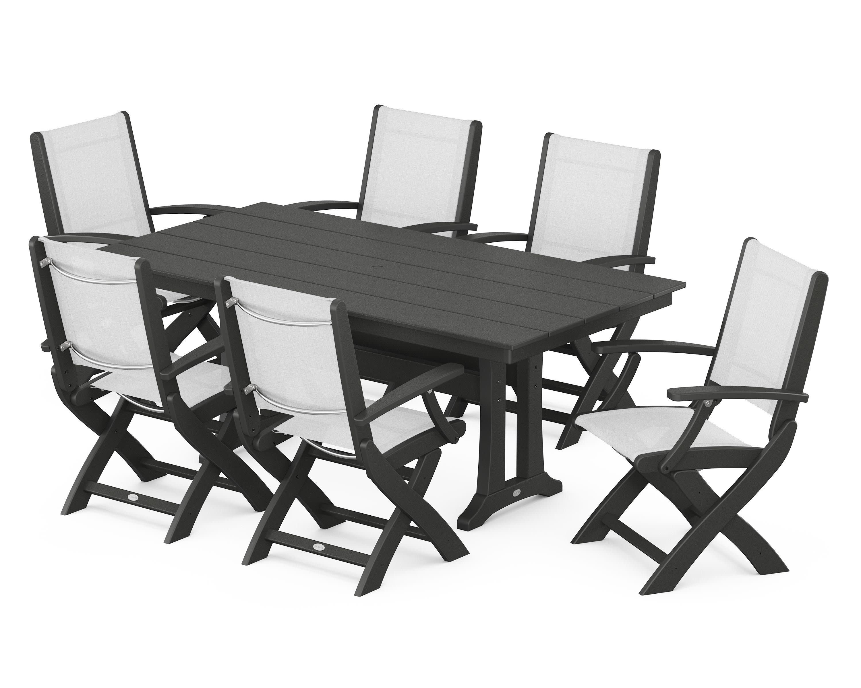 Coastal Folding Arm Chair 7-Piece Farmhouse Dining Set with Trestle Legs in Black / White Sling