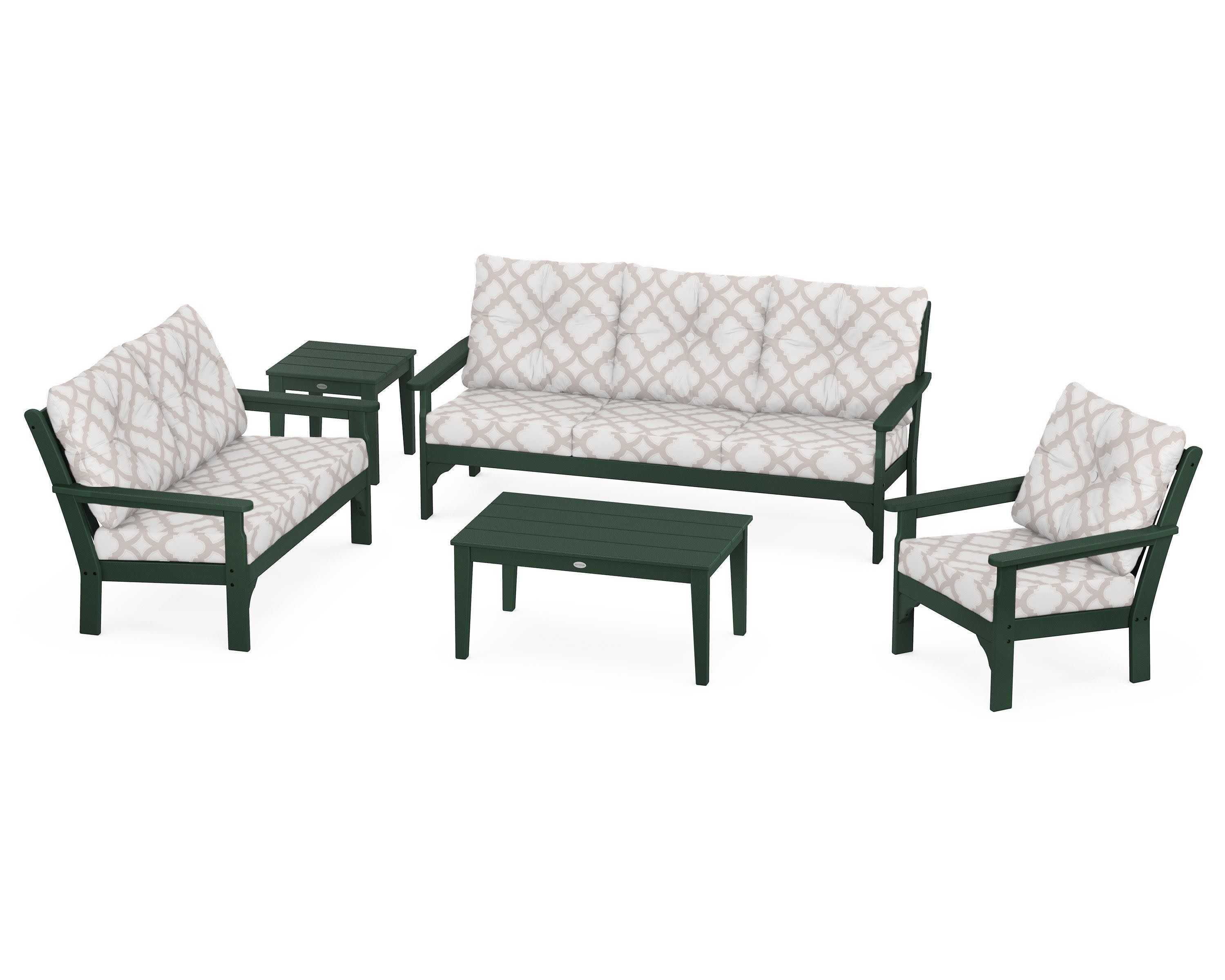 Vineyard 5 Piece Deep Seating Set in Green / Trellis Dune Burlap