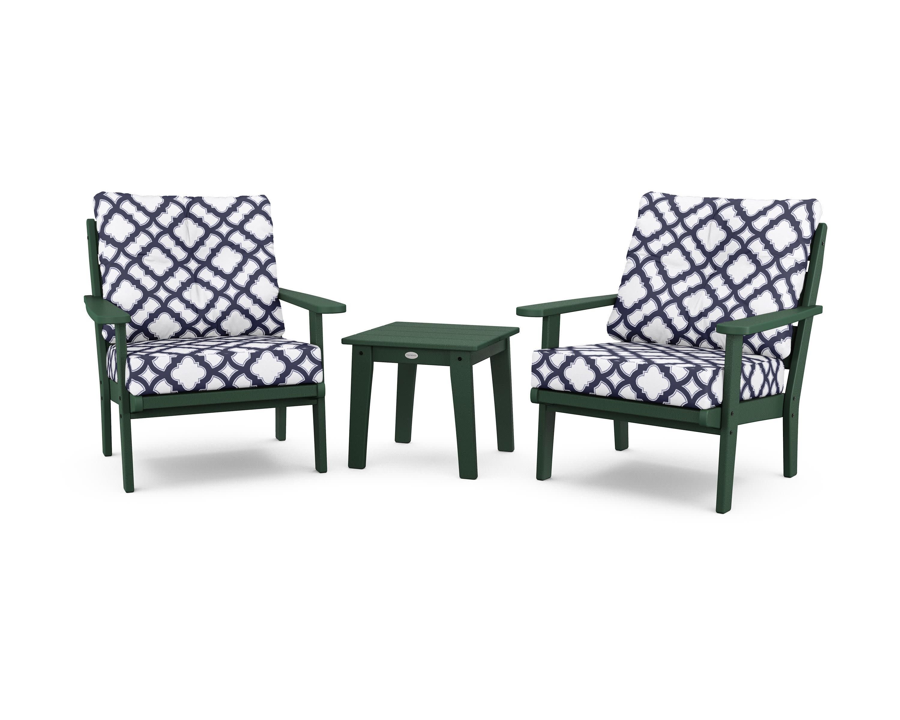 Lakeside 3-Piece Deep Seating Chair Set in Green / Trellis Navy