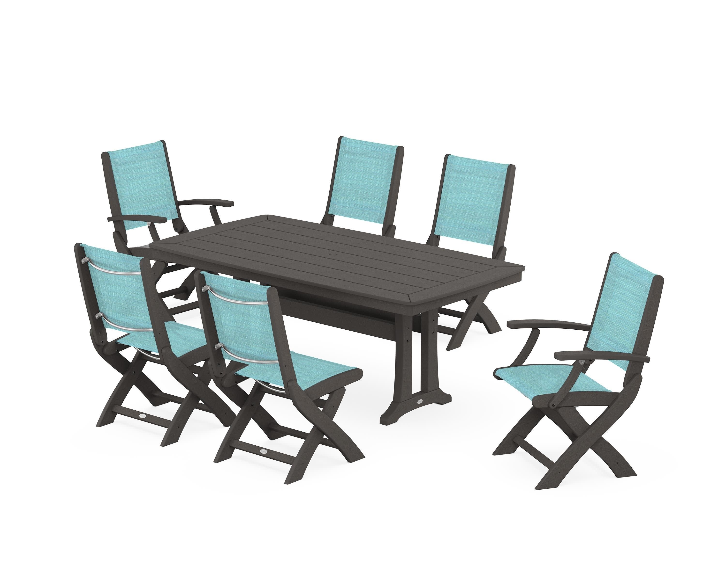 Coastal Folding Chair 7-Piece Dining Set with Trestle Legs in Vintage Coffee / Dupioni Aquamarine Sling