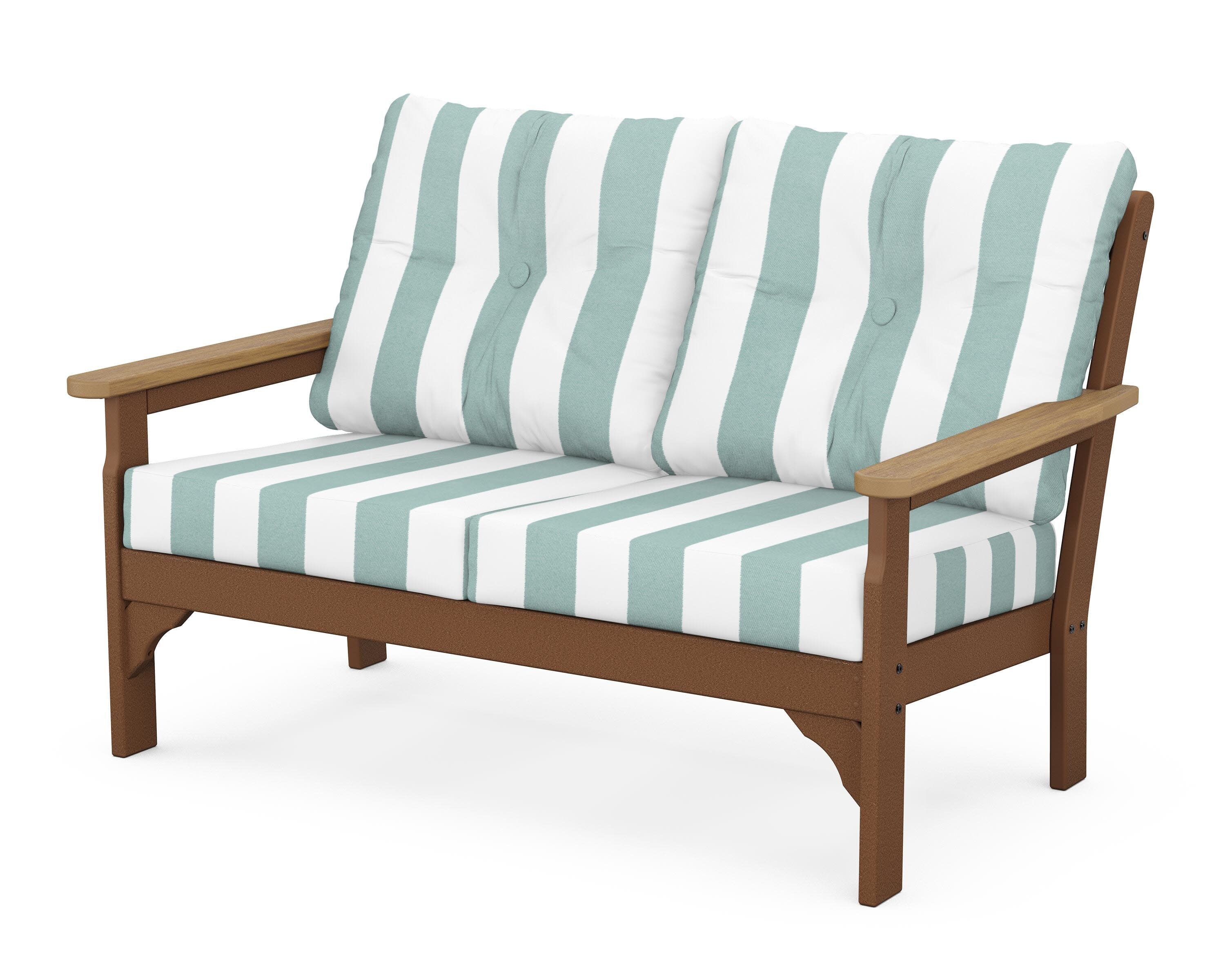 Vineyard Deep Seating Loveseat in Teak / Natural / Cabana Stripe Glacier Spa