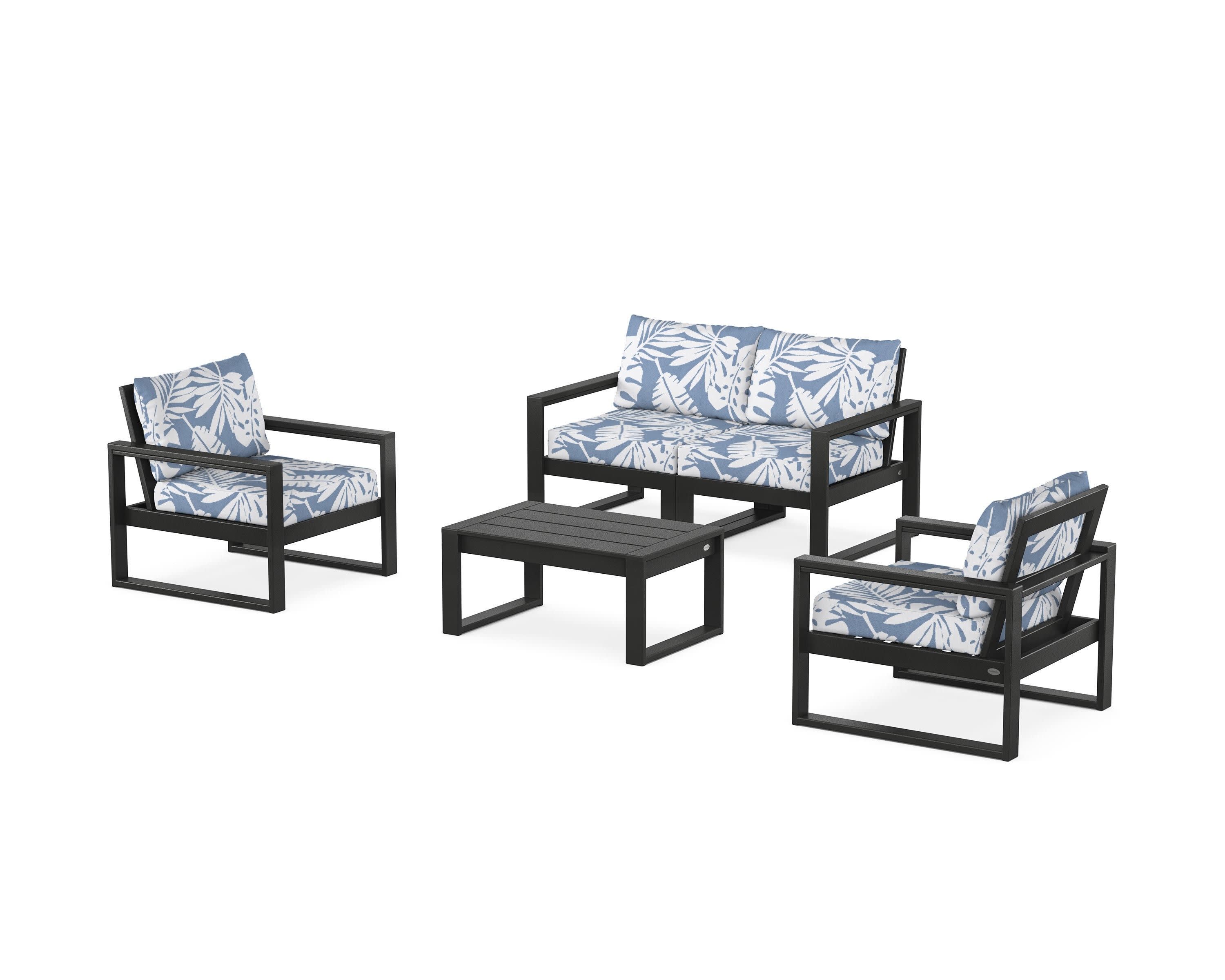 EDGE Sectional 4-Piece Deep Seating Set with Loveseat in Black / Leaf Sky Blue