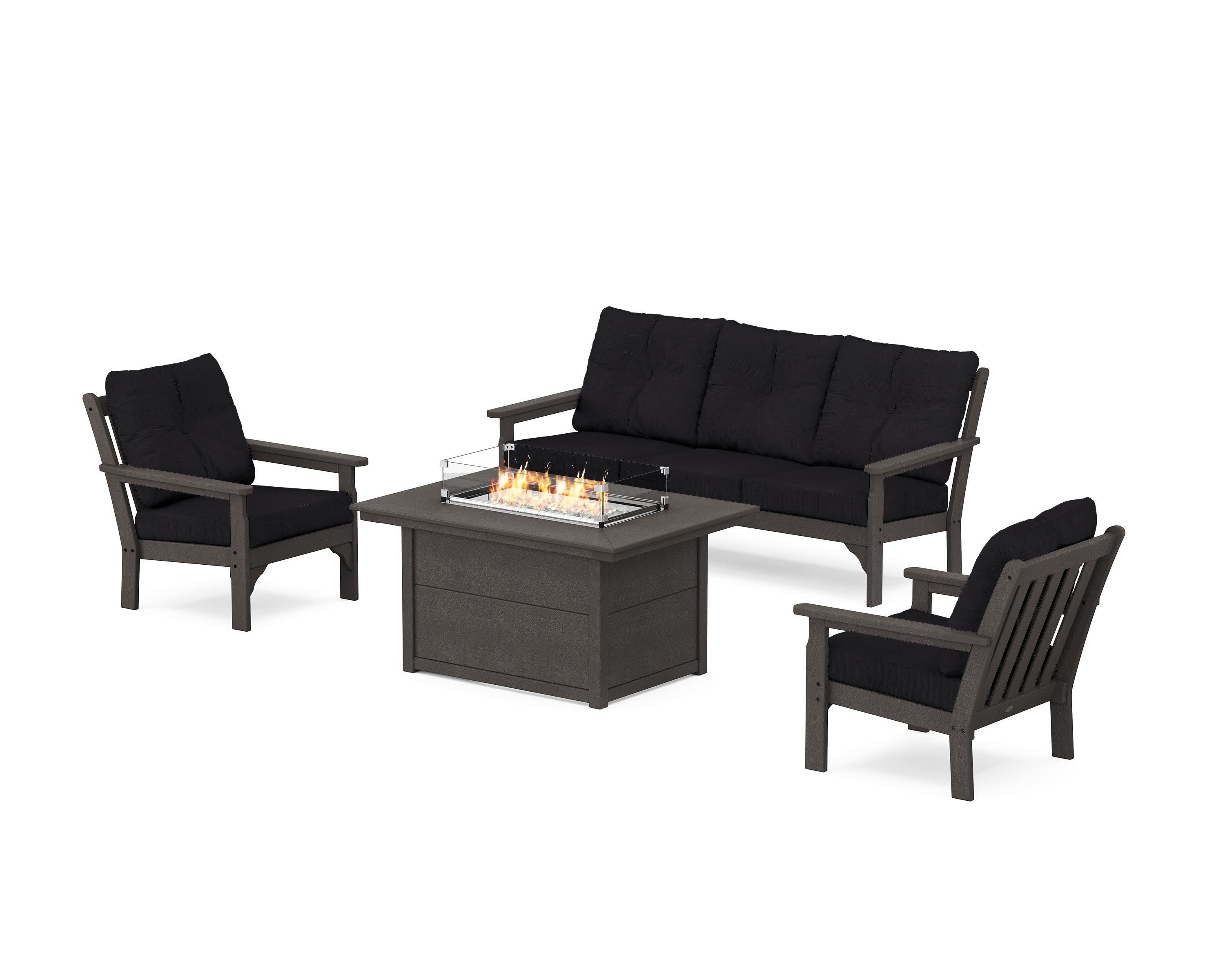 Vineyard Deep Seating Fire Pit Table Set in Vintage Coffee / Midnight Linen