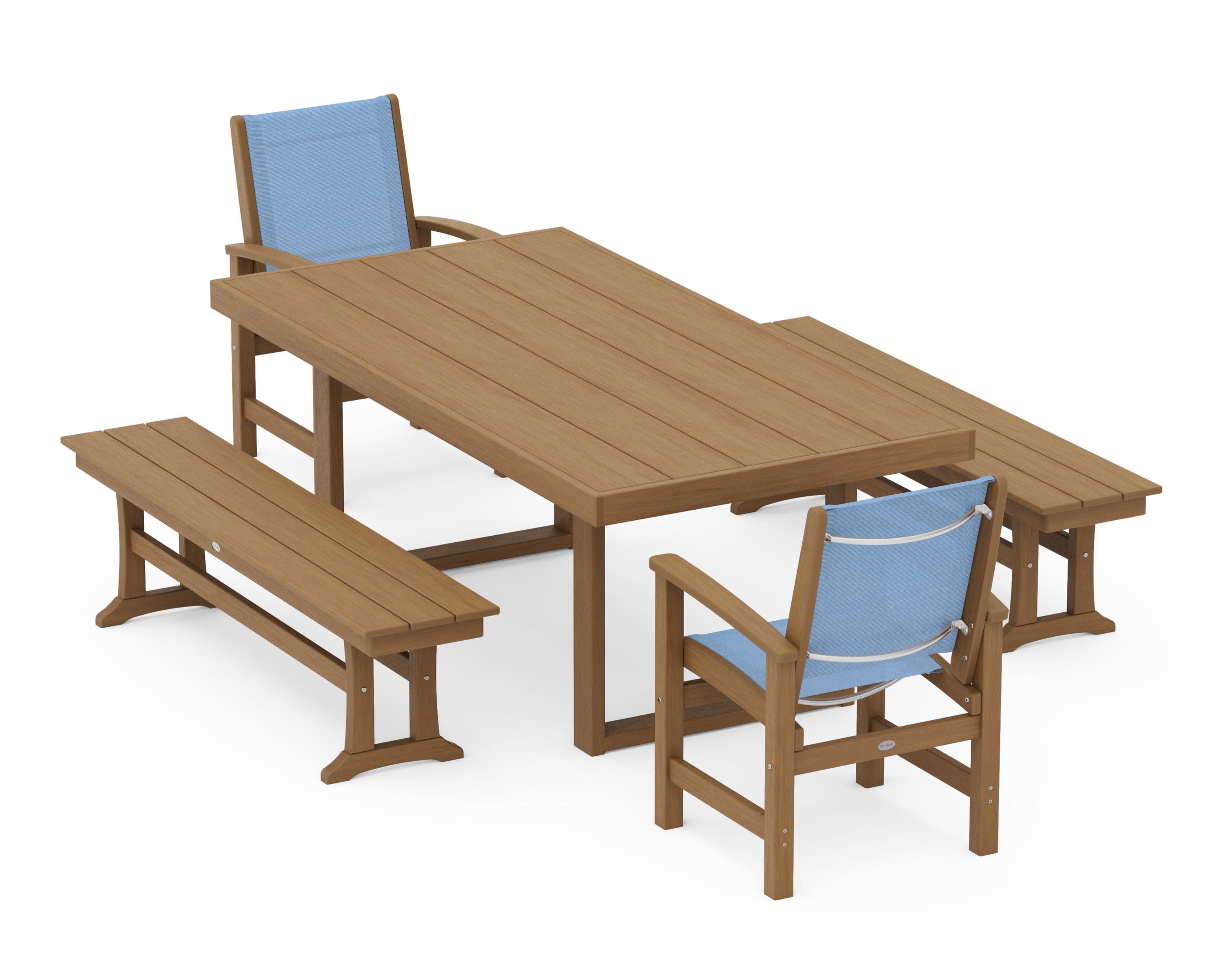 Coastal 5-Piece Dining Set with Trestle Legs in Natural / Poolside Sling
