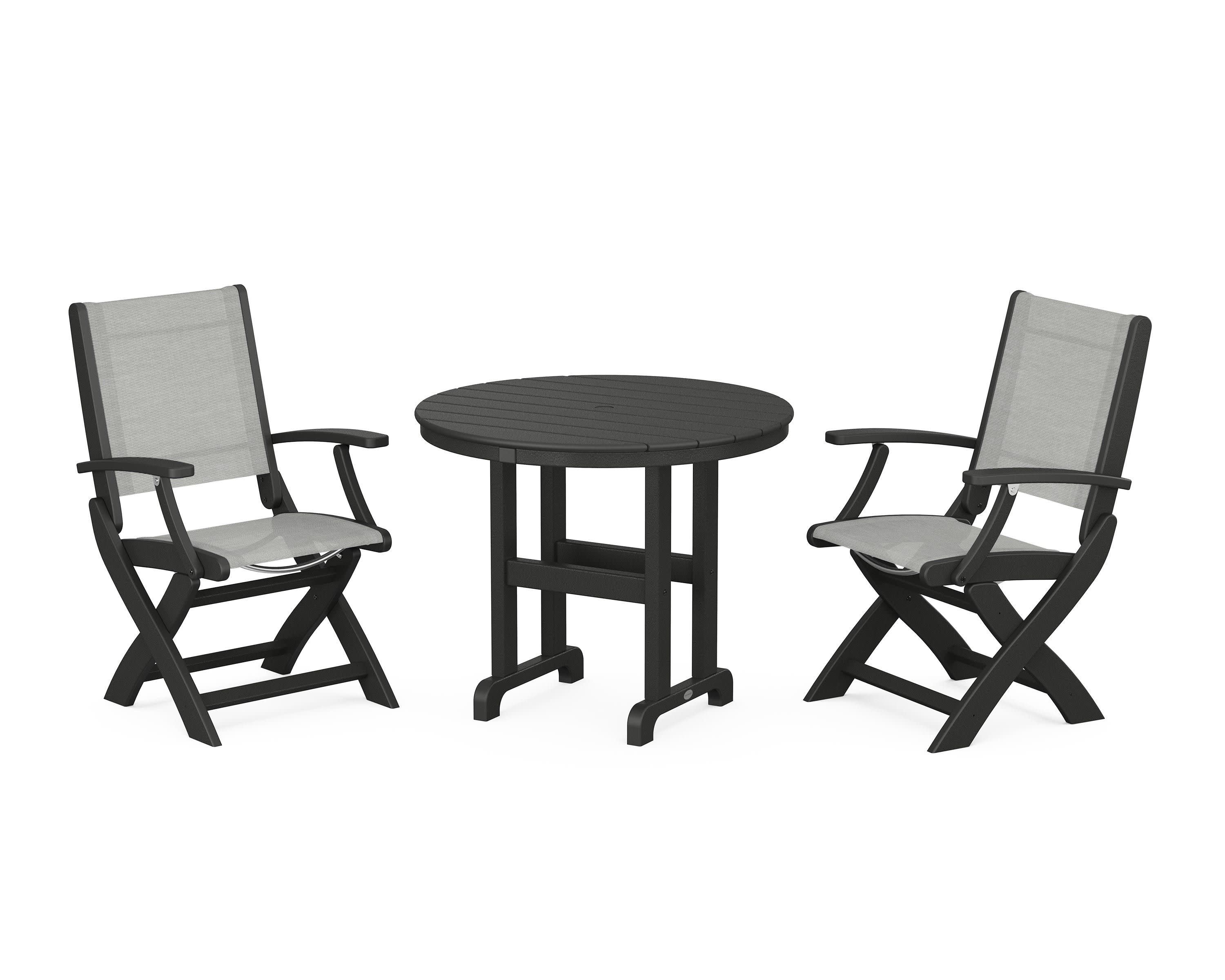 Coastal Folding Chair 3-Piece Round Dining Set in Black / Metallic Sling