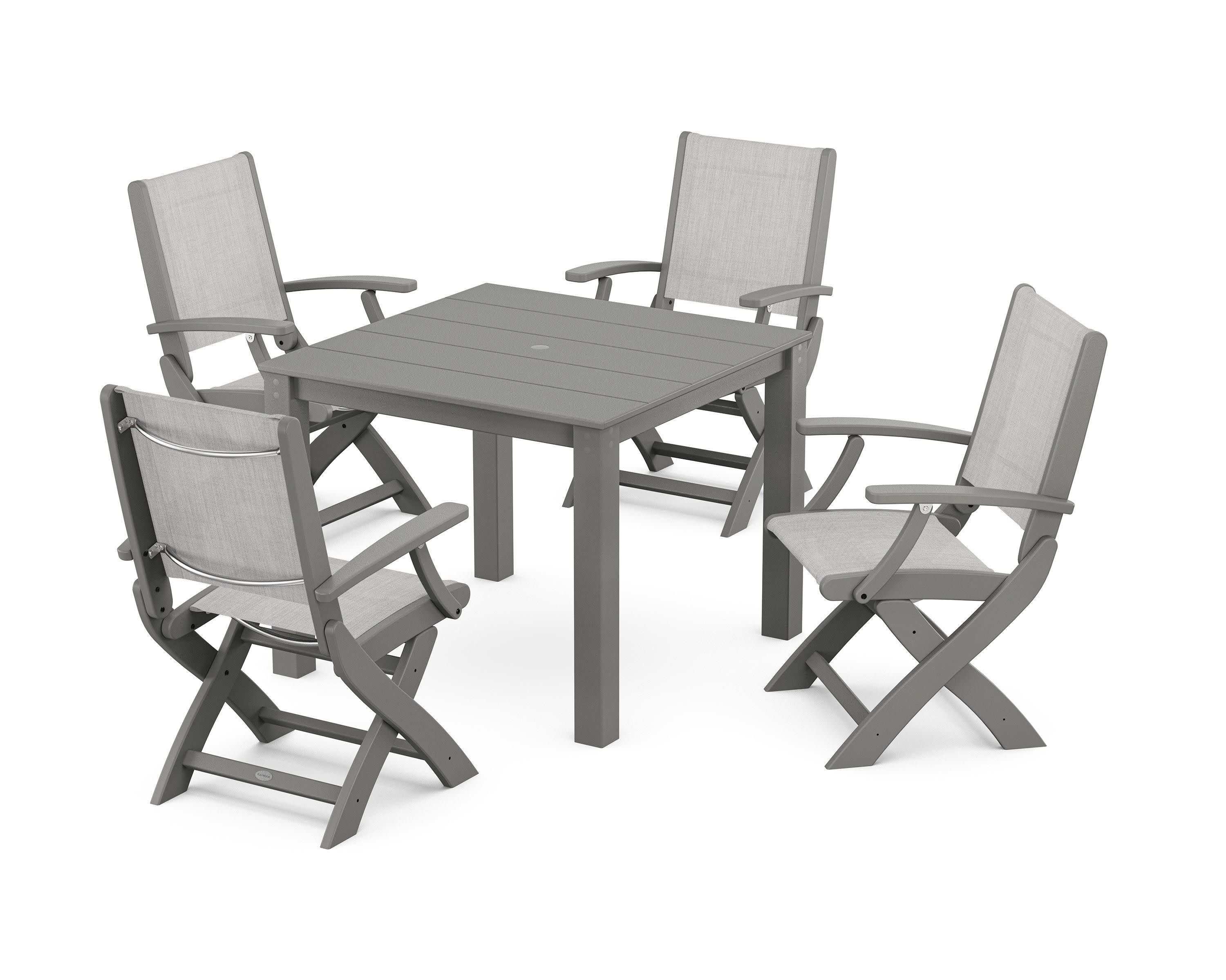 Coastal Folding Chair 5-Piece Parsons Dining Set in Sand / Dupioni Apricot Sling