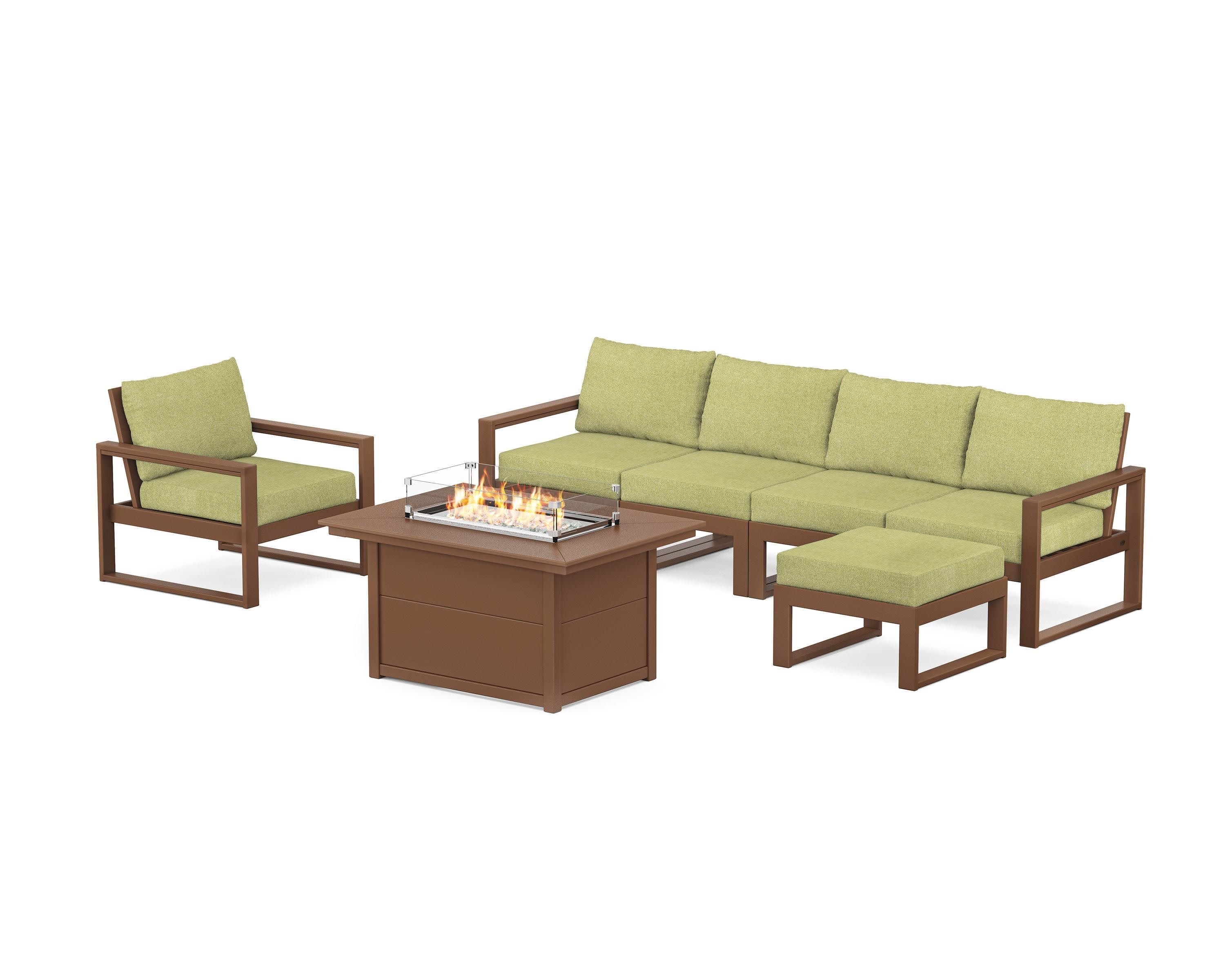 EDGE Sectional Lounge and Fire Pit Set in Teak / Chartreuse Boucle