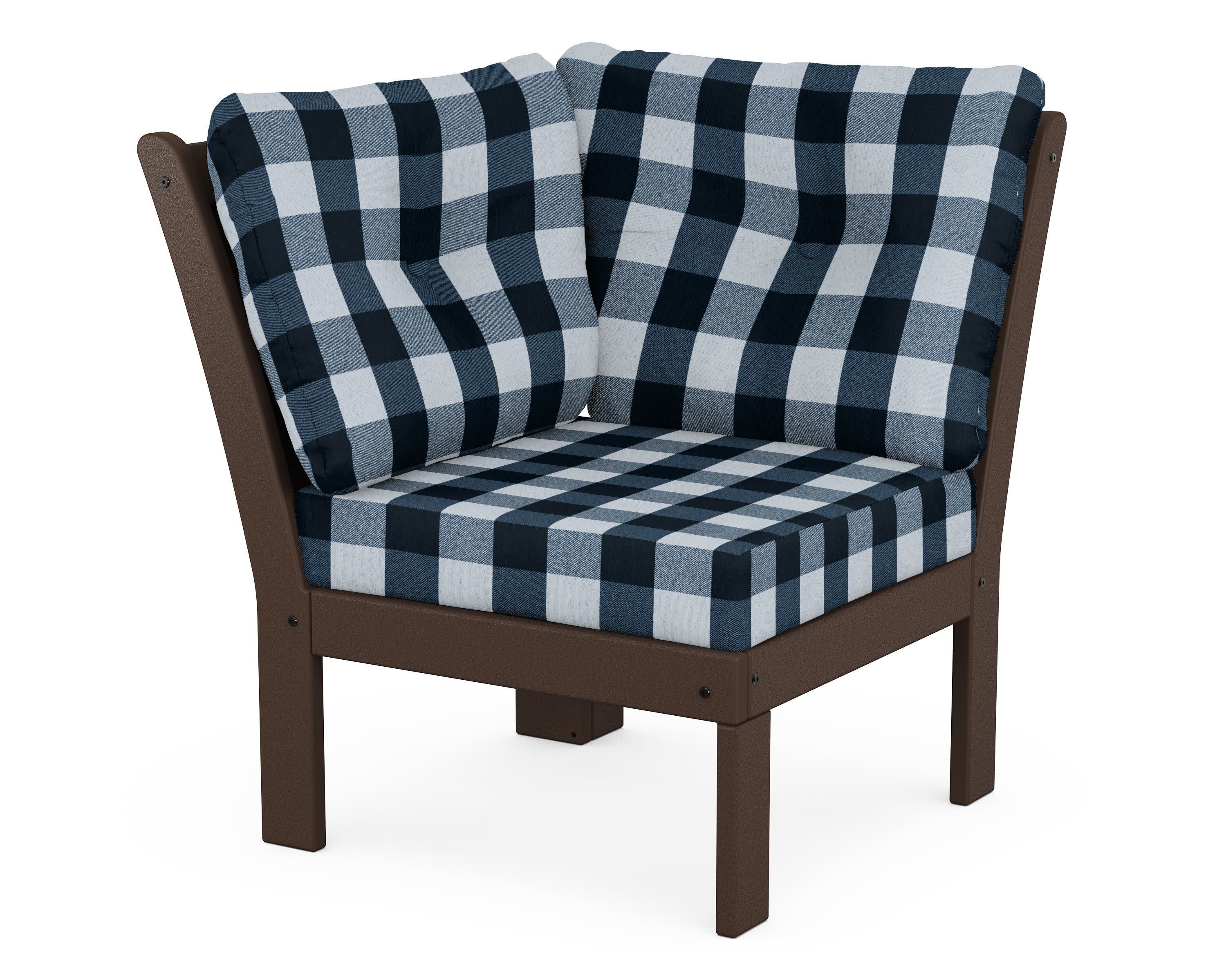 Vineyard Modular Corner Chair in Mahogany / Buffalo Plaid Marine Indigo
