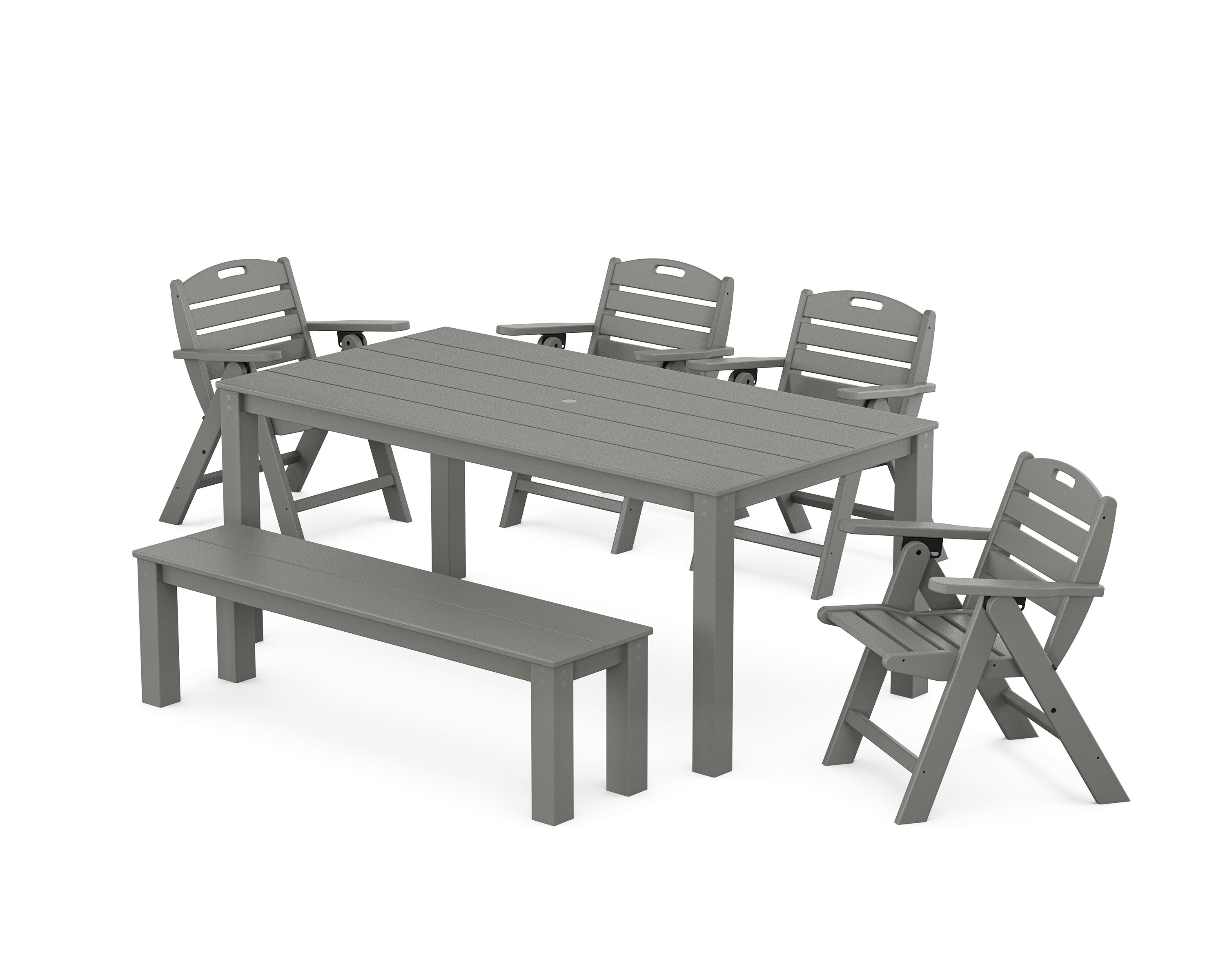 Nautical Folding Lowback Chair 6-Piece Parsons Dining Set with Bench in Slate Grey