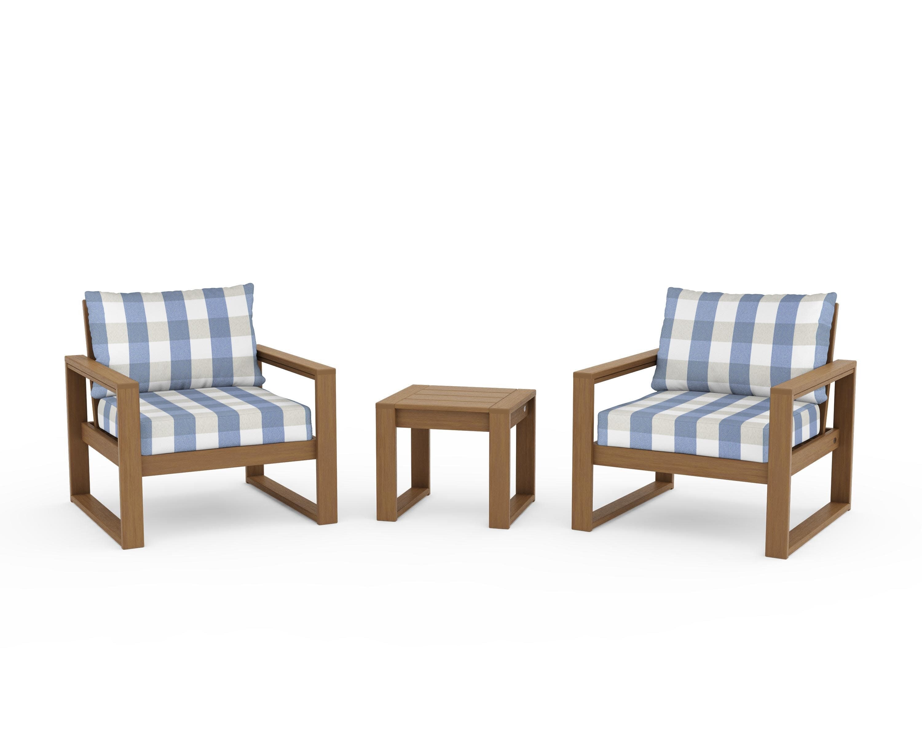 EDGE Sectional 3-Piece Deep Seating Set in Natural / Buffalo Plaid Sky Blue