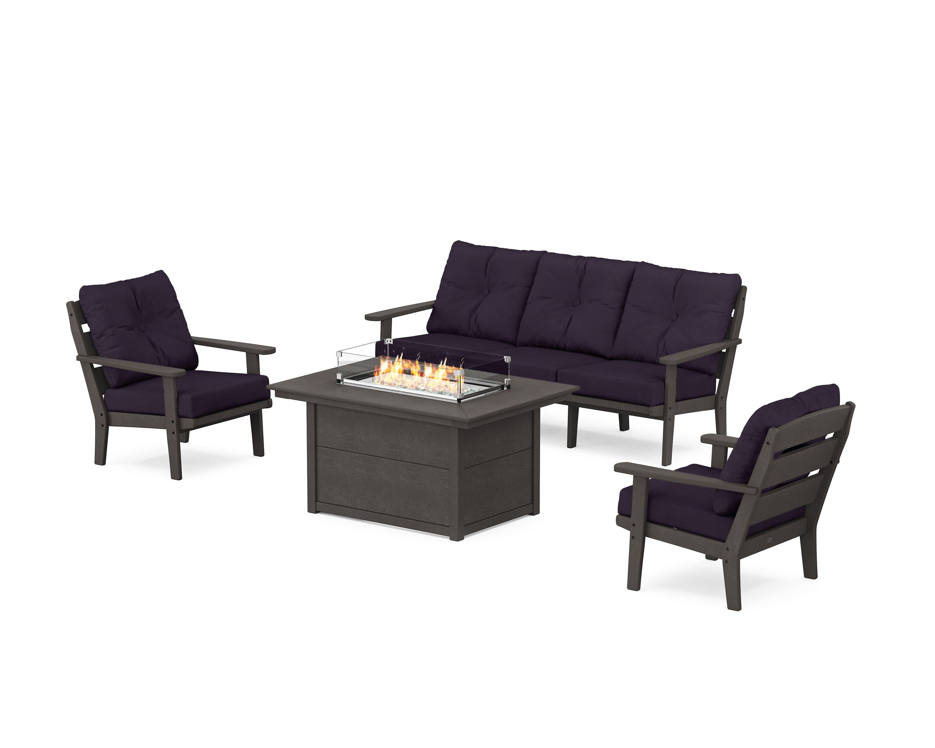 Lakeside Deep Seating Fire Pit Table Set in Vintage Coffee / Navy Linen