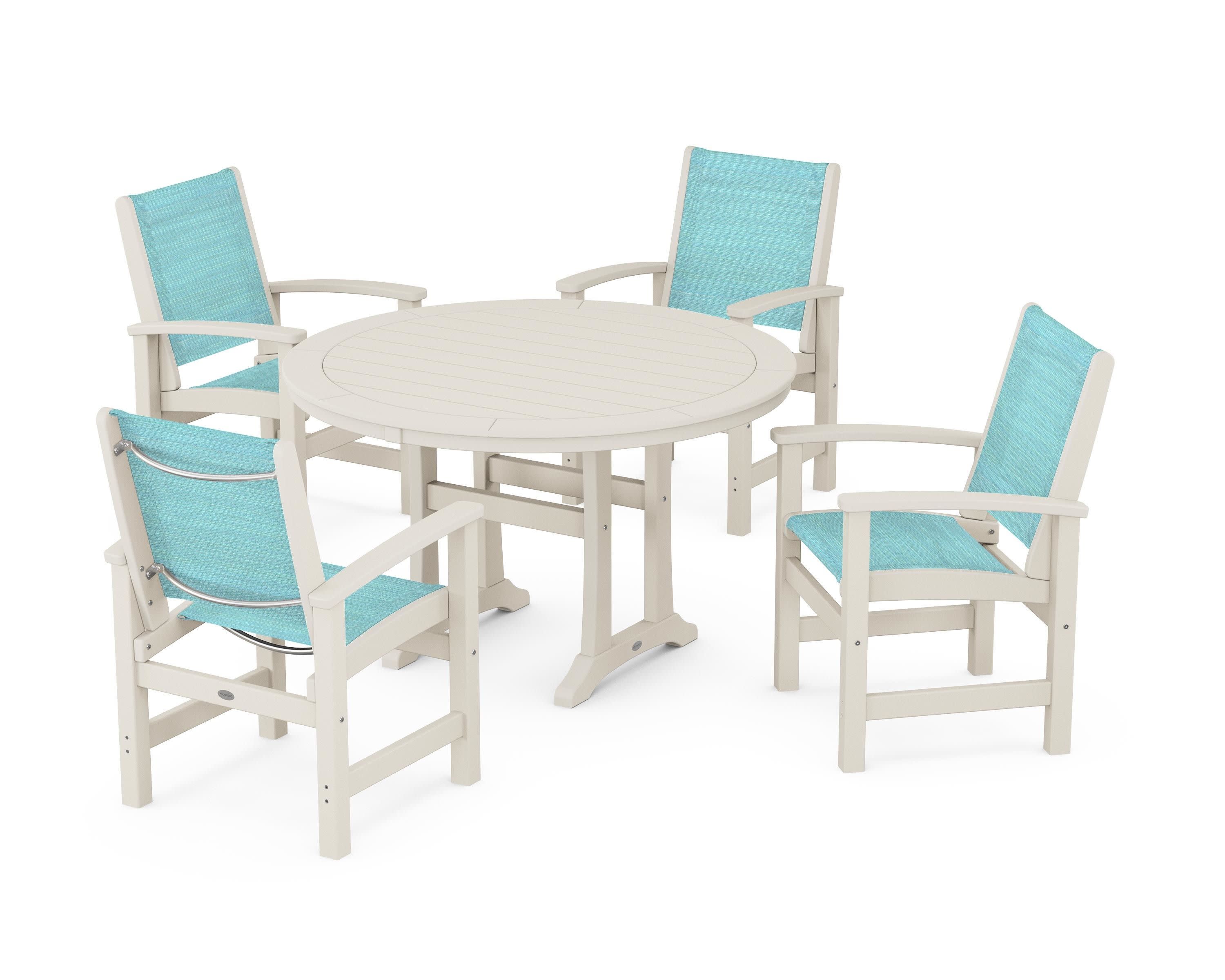 Coastal 5-Piece Round Dining Set with Trestle Legs in Sand / Dupioni Aquamarine Sling